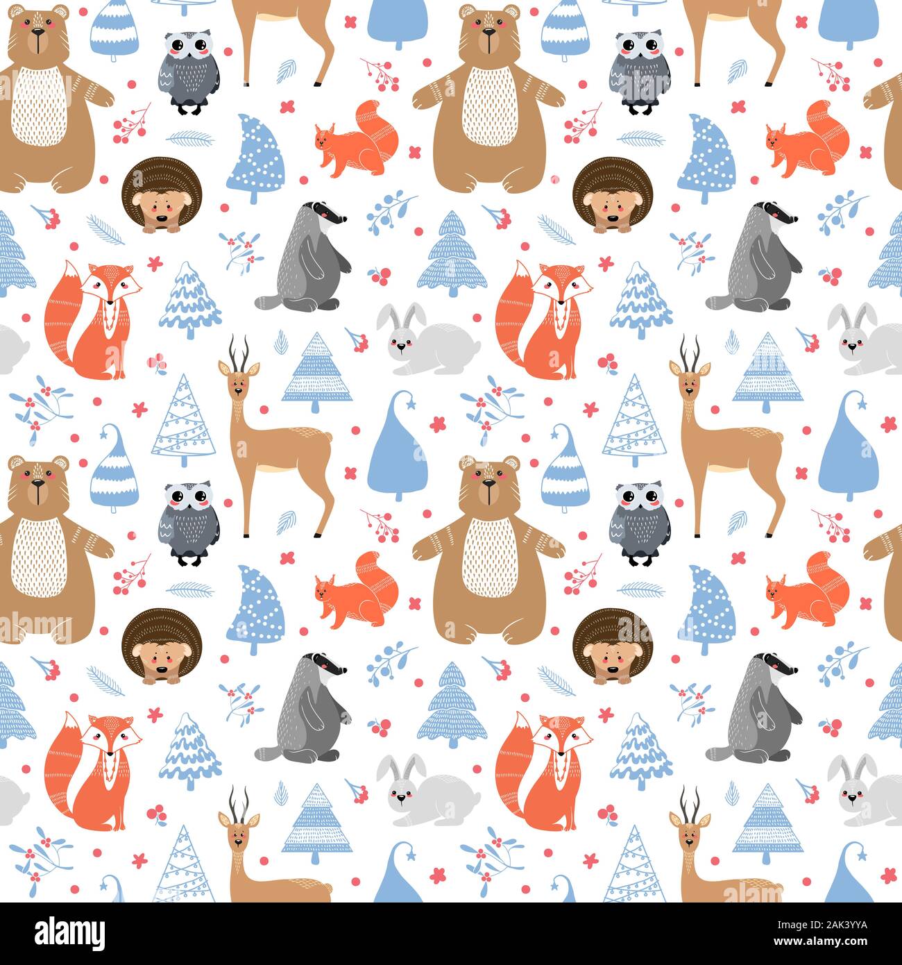 Modèle transparent avec des animaux : renard, blaireau, écureuil, hibou, cerf, biche, chevreuil, lièvre, lapin, hérisson, ours et différents éléments Illustration part Illustration de Vecteur