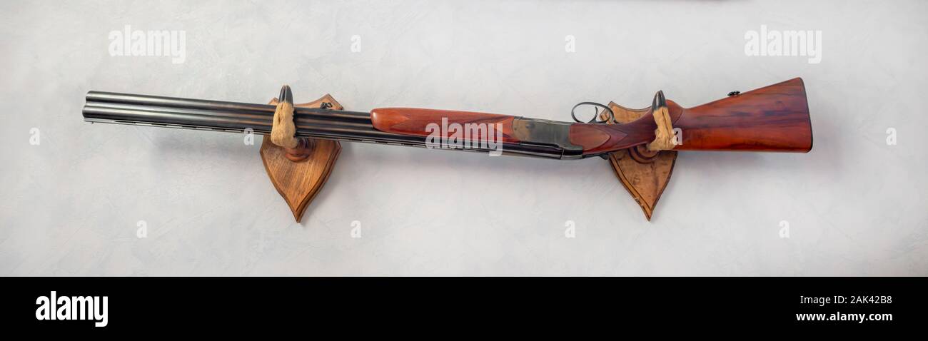 Fusil de chasse accroché à un mur avec deer foot gun rack Banque D'Images