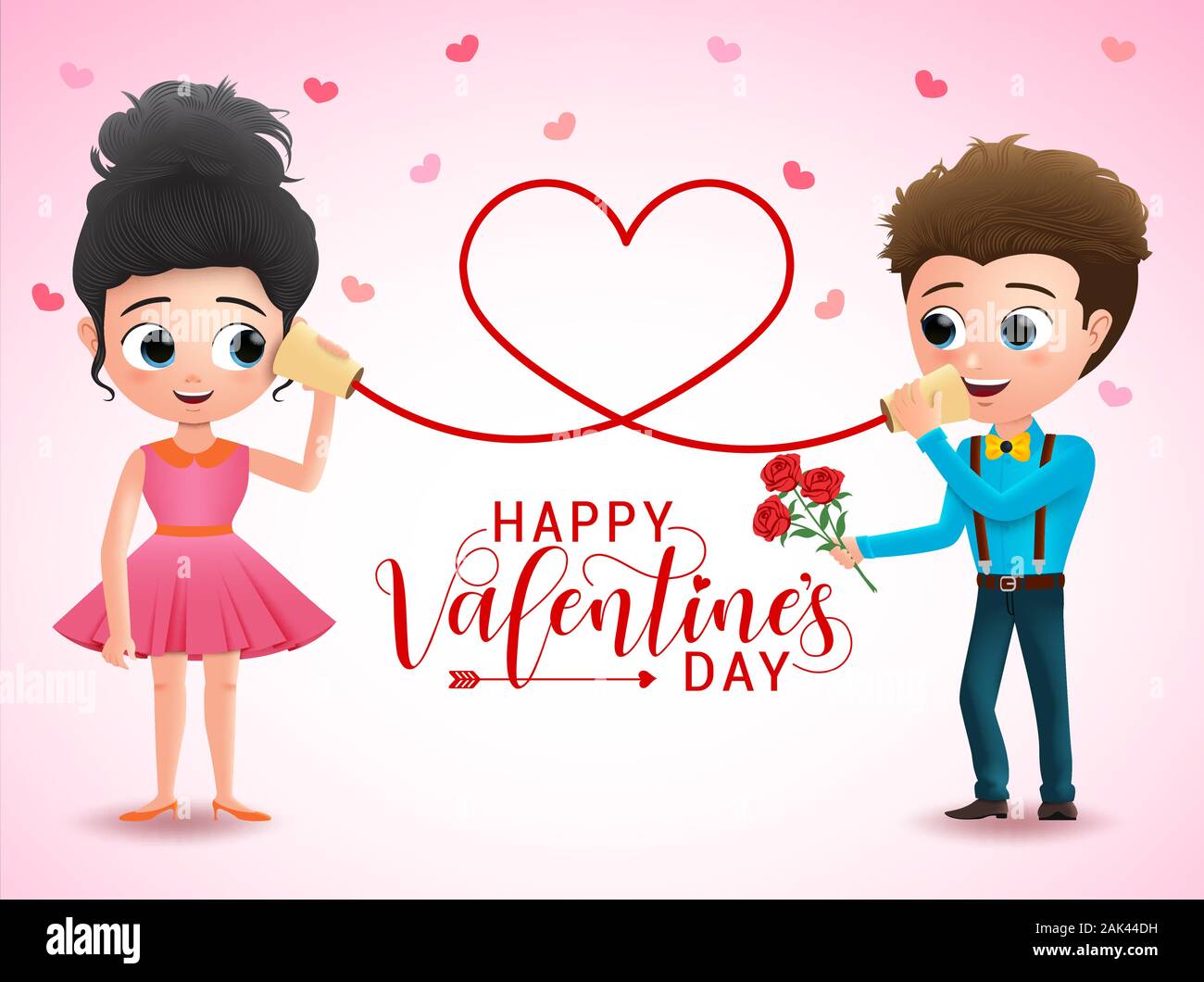 Couple saint valentin vecteur conception de caractères. Happy valentines day greeting typographie avec couple de personnages de dessins animés en appelant peut entendre avec téléphone. Illustration de Vecteur