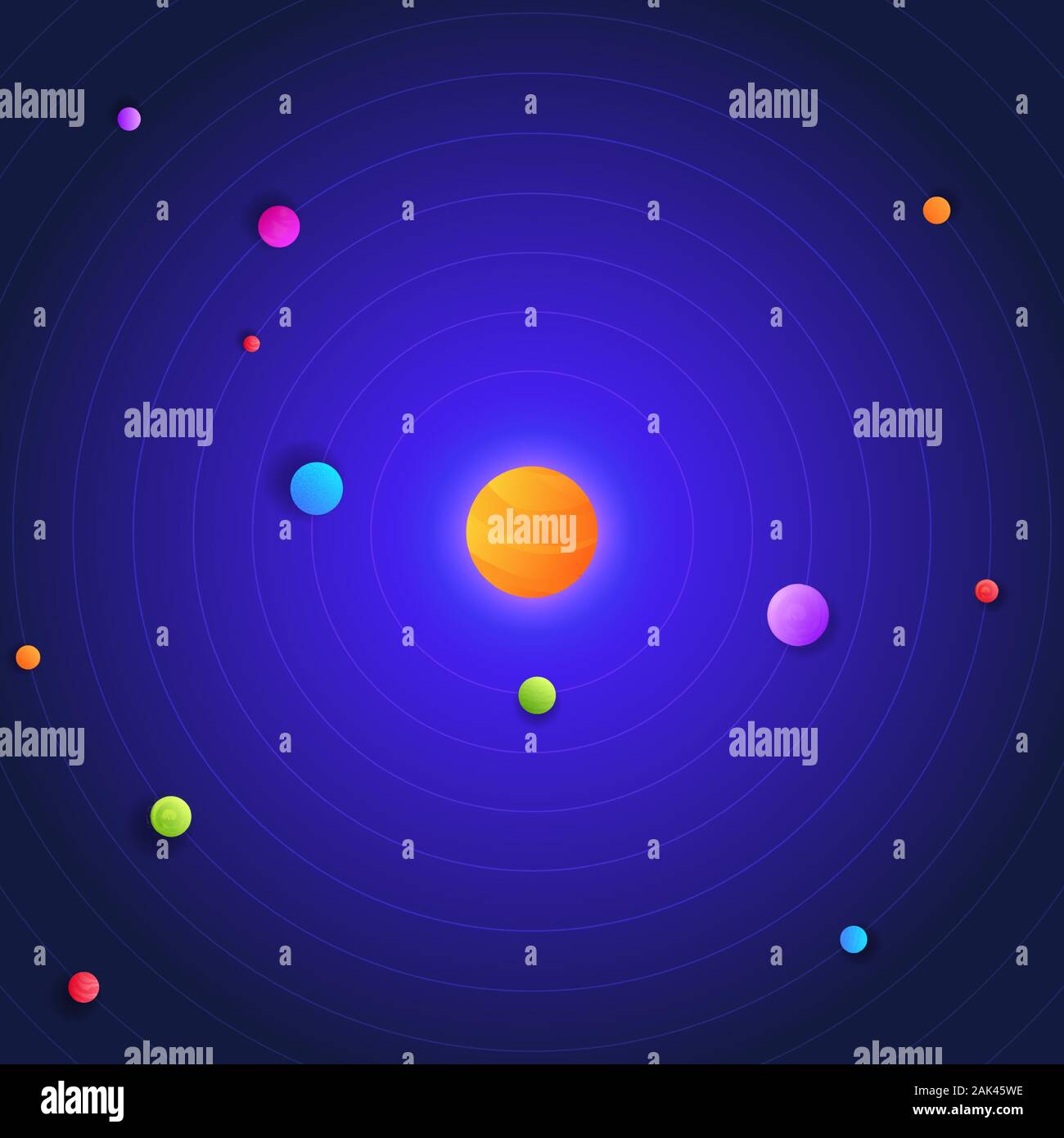 Galaxie, espace, système solaire avec le soleil et les planètes abstrait multicolore sur un fond bleu foncé stock vector illustration. Illustration de Vecteur
