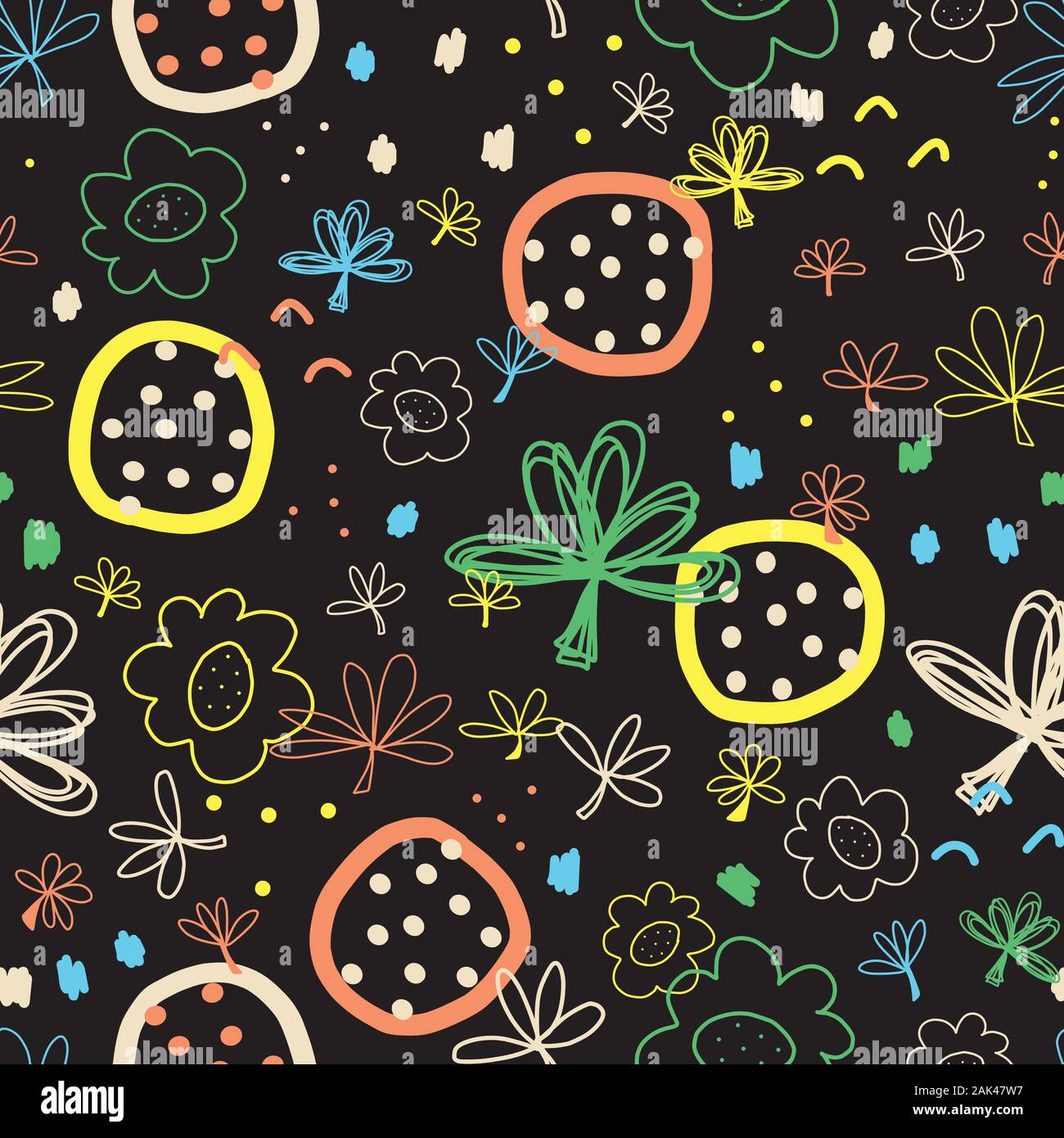 Doodle transparente fond vecteur formes abstraites collage noir blanc bleu vert jaune orange. Pattern design moderne avec des fleurs, des feuilles pour tissu Illustration de Vecteur
