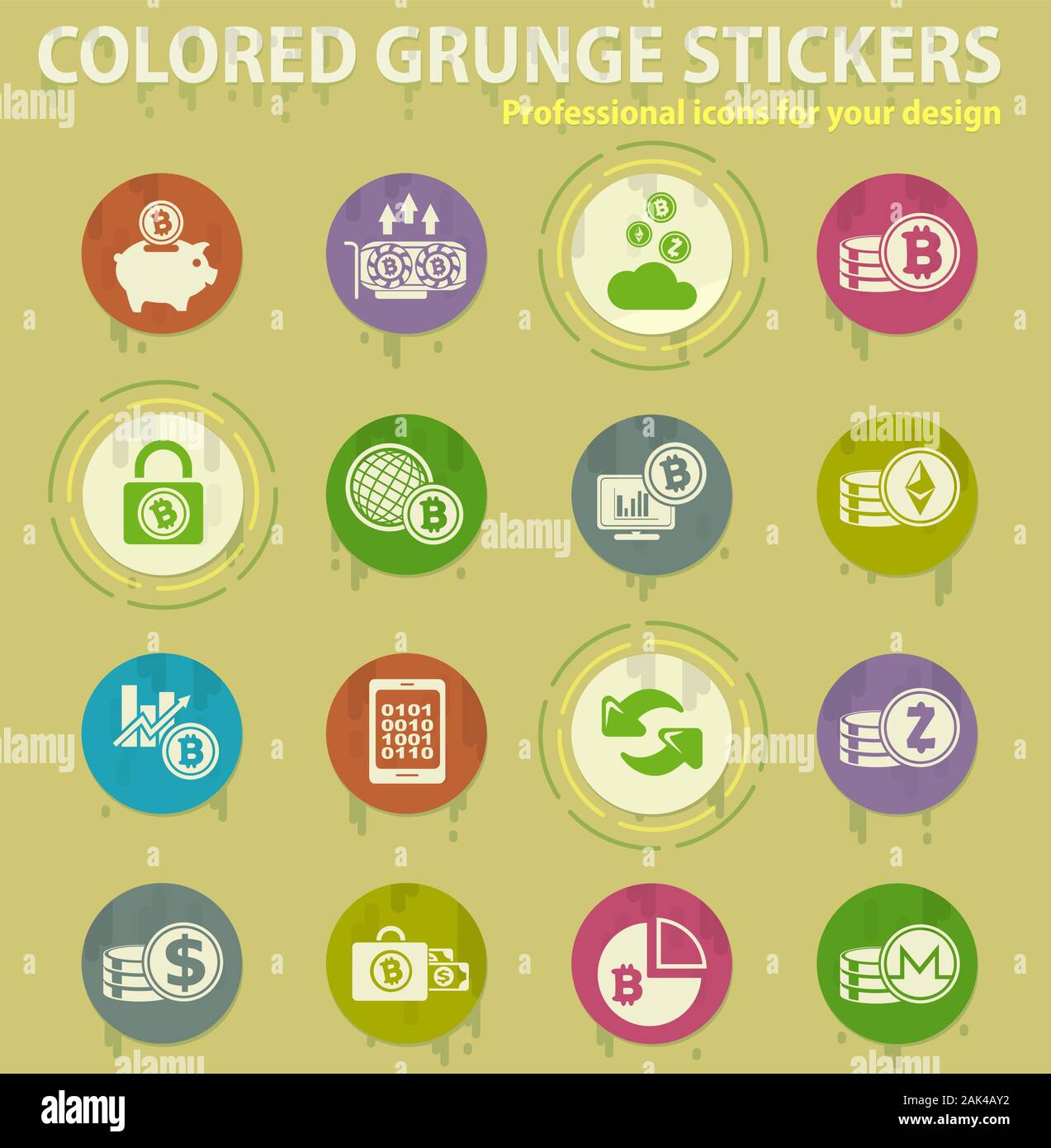 Cryptocurrency et minières icônes grunge de couleur Illustration de Vecteur