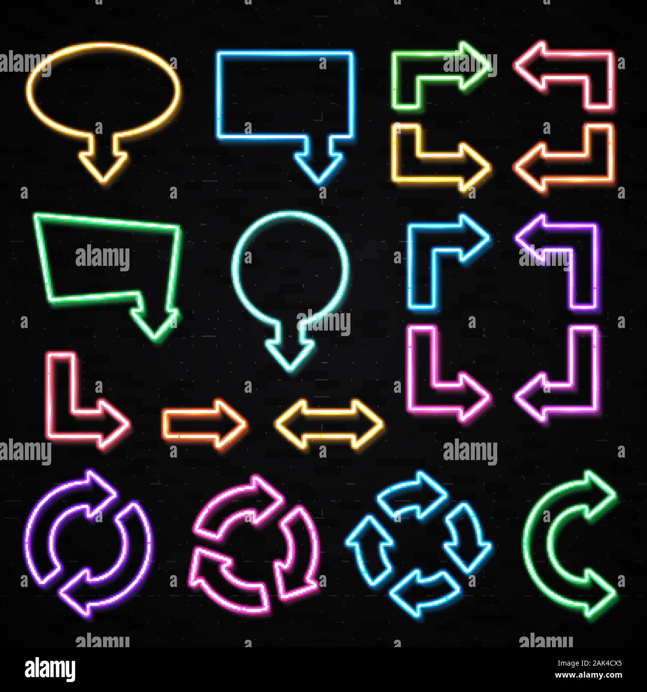 Jeu de flèches de couleur néon lumineux isolé sur fond de mur de briques noires. Effet néon lumineux et éclatant. Dans le sens de la flèche symbole à partir de fils, tubes, b Illustration de Vecteur