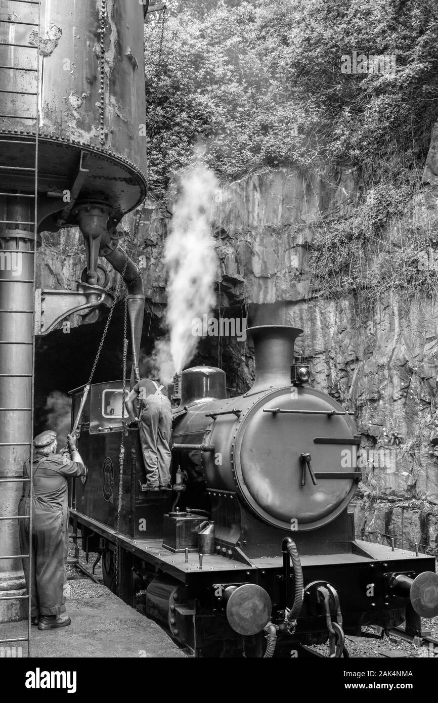 Deux hommes travaillant en service à la station service, Haverthwaite que fer, UK Banque D'Images