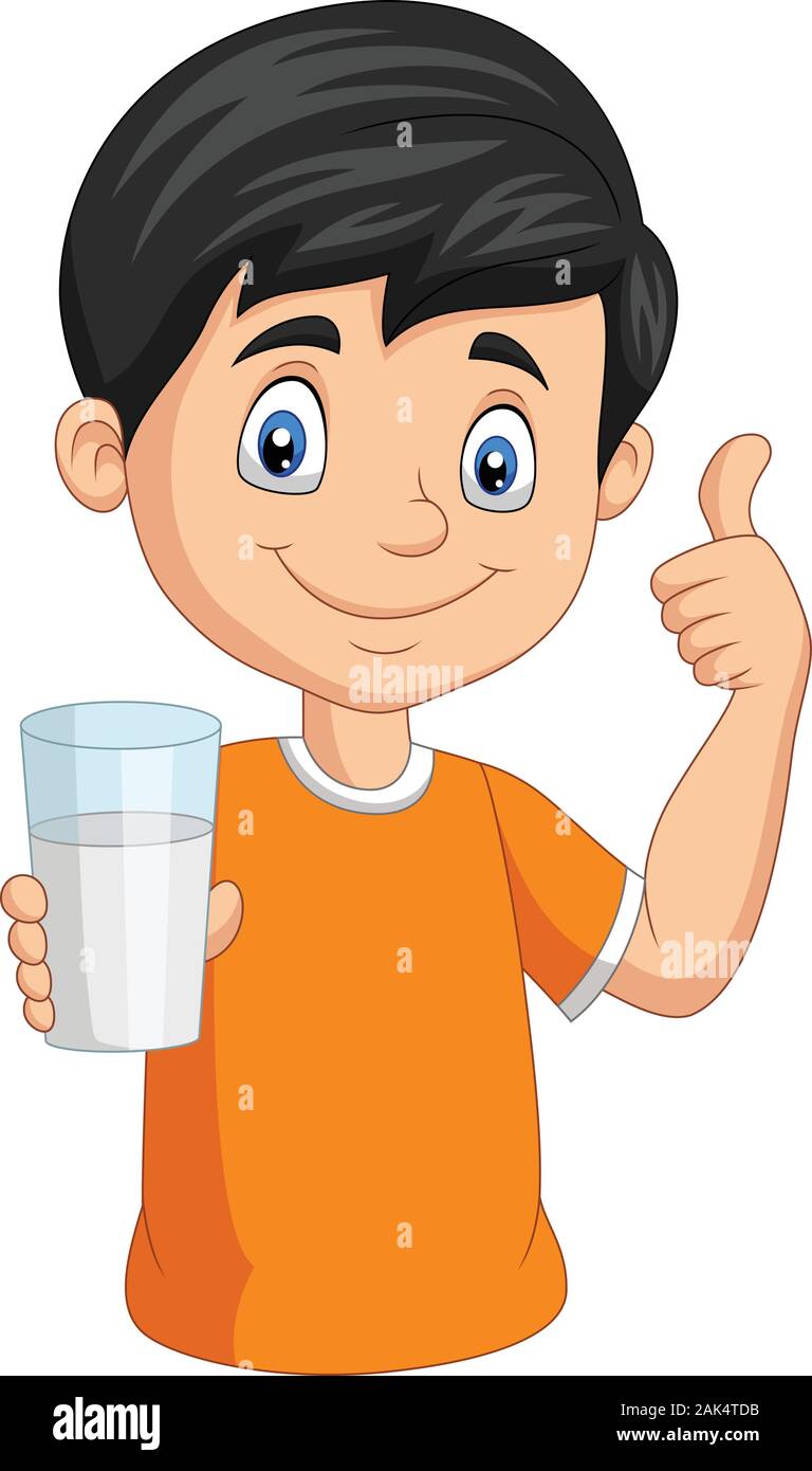 Cartoon petit garçon avec un verre de lait giving thumb up Illustration de Vecteur