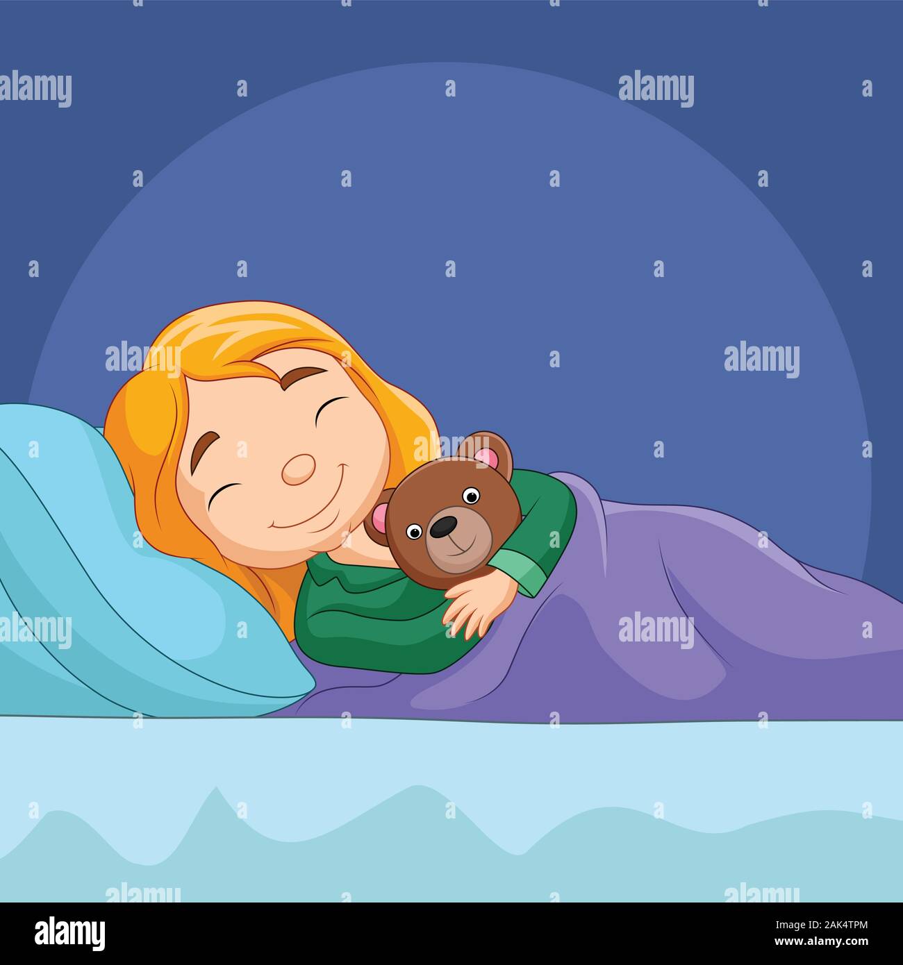 Cartoon petite fille dormir avec l'ours en peluche Illustration de Vecteur
