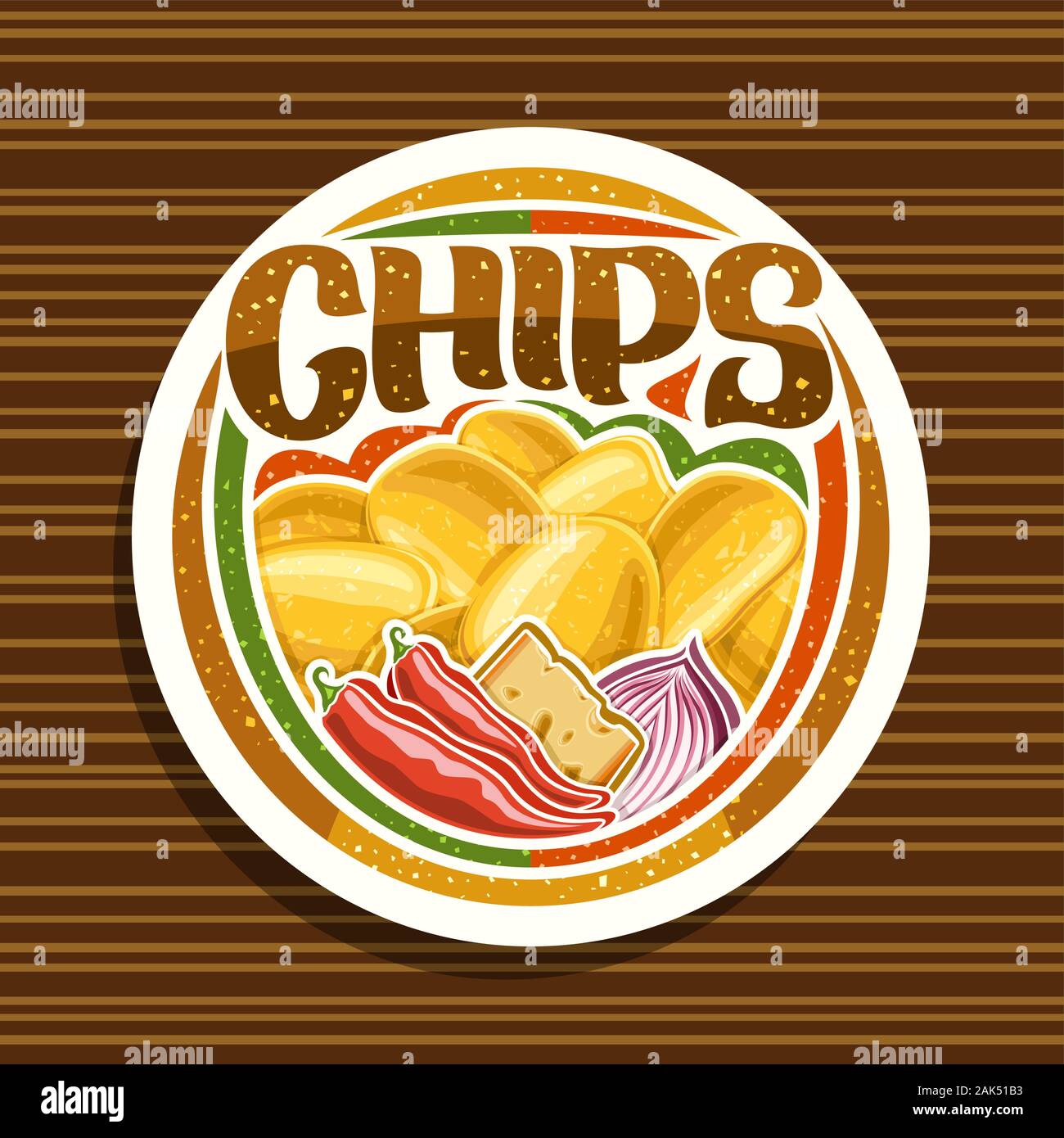 Logo Vector pour les croustilles, signalisation décoratif avec illustration de heap croustillant de pommes de terre, piments, tranche de fromage, l'oignon rouge, blanc avec étiquette Illustration de Vecteur