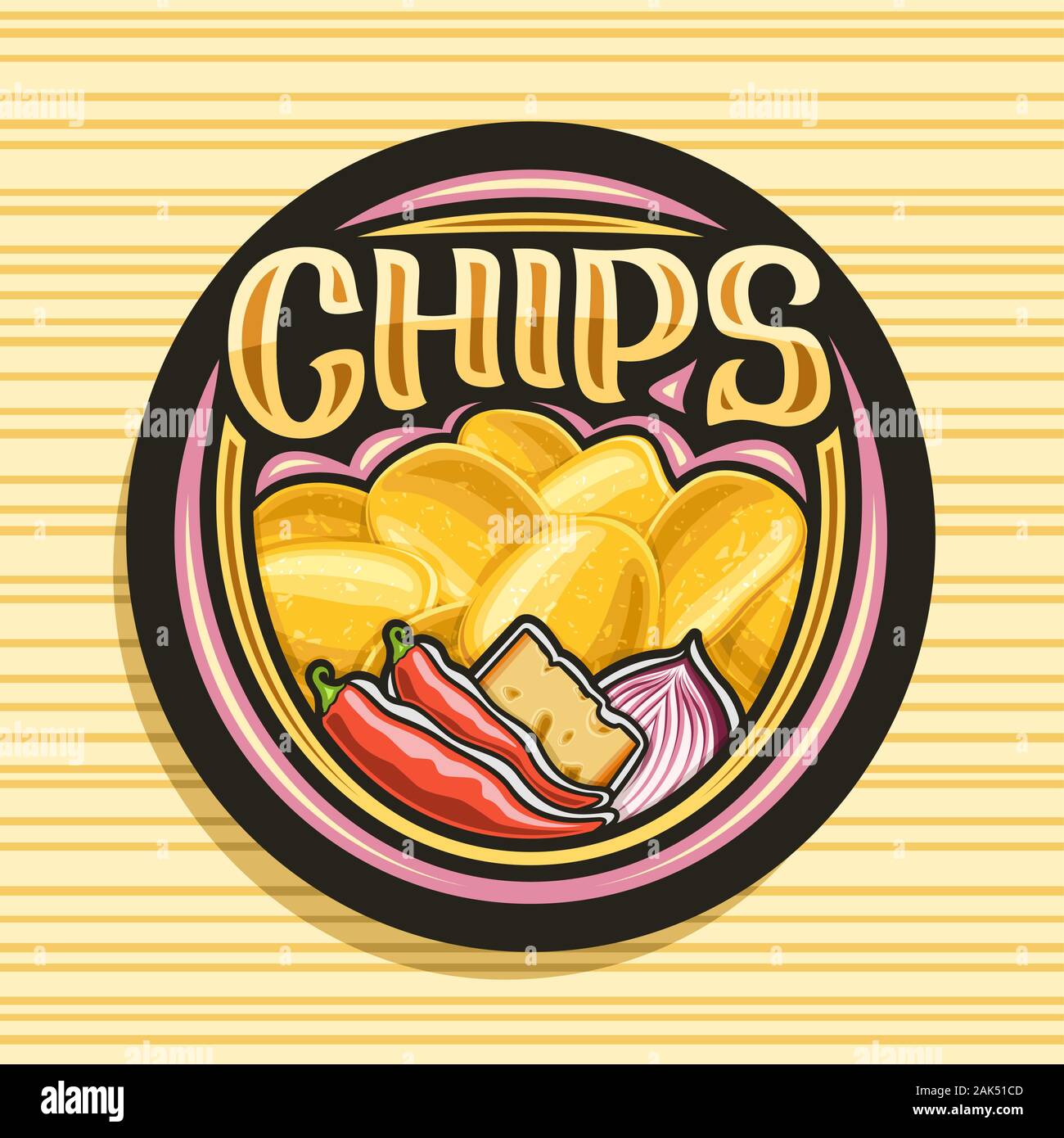 Logo Vector pour les croustilles, signalisation décoratif avec illustration de heap croustillant de pommes de terre, piments, tranche de fromage, l'oignon rouge, noir avec tag Illustration de Vecteur