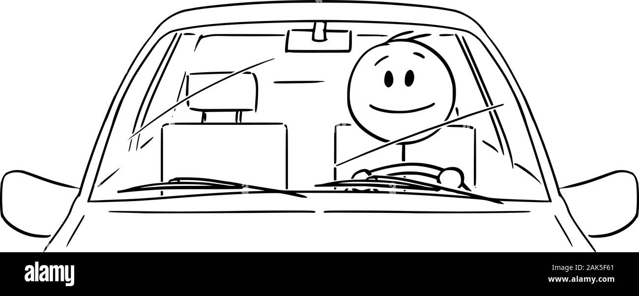 Vector cartoon stick figure dessin illustration conceptuelle de happy smiling man ou le conducteur de profiter de la conduite d'une voiture. Vue de face. Illustration de Vecteur