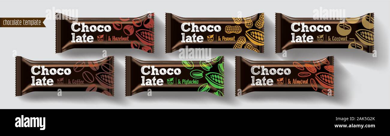 Barre de chocolat vector design packaging. Chocolat noix ensemble. Illustration de Vecteur