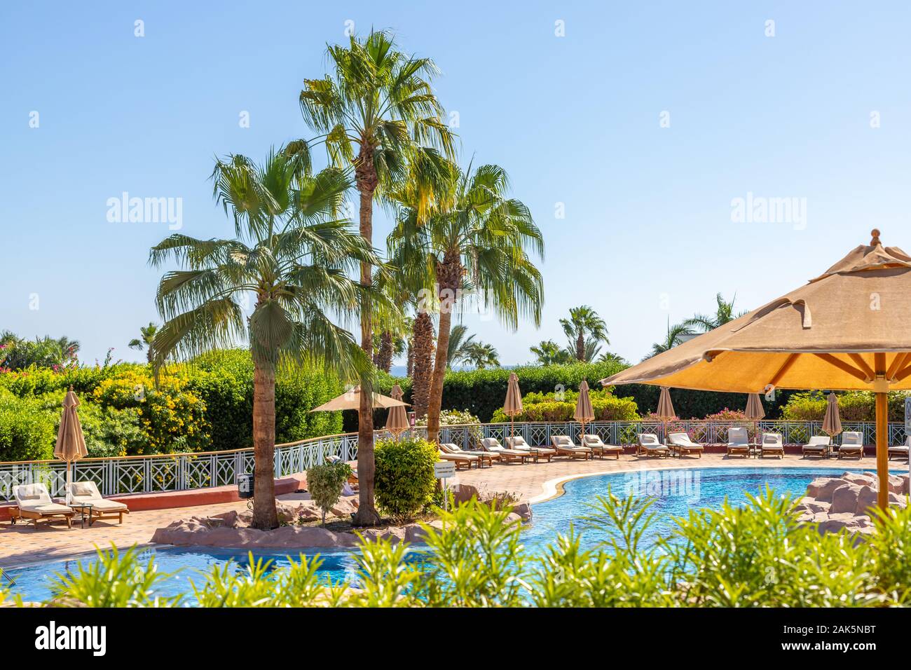 Sharm El Sheikh, Egypte - 11.04.2019: Hyatt Regency Sharm El Sheikh Resort. Piscine et chaises longues avec parasols entourés d'une végétation tropicale luxuriante. Banque D'Images