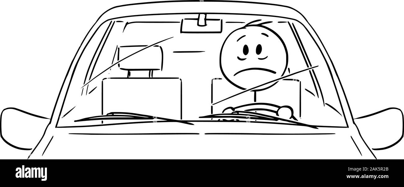 Vector cartoon stick figure dessin illustration conceptuelle de fatigué, triste ou malheureux, a souligné l'homme ou le conducteur de la conduite d'une voiture. Vue de face. Illustration de Vecteur