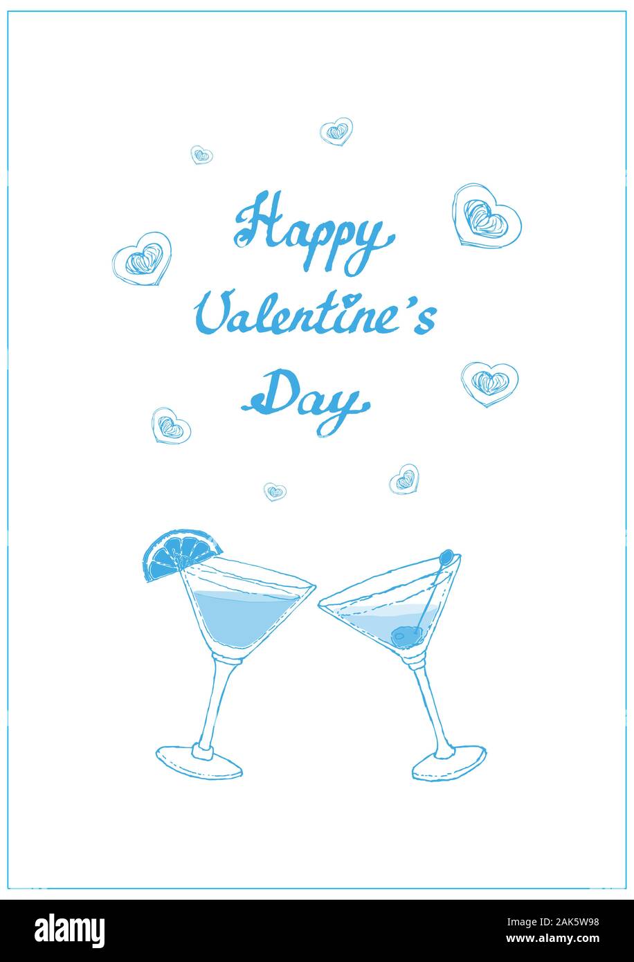 Carte postale de cocktails avec cœur et l'expression Happy Valentine's Day. Simple croquis illustration vectorielle peut être utilisé dans les cartes postales, cartes de vœux, des bannières, des gravures, des célébrations, etc. EPS10 Illustration de Vecteur