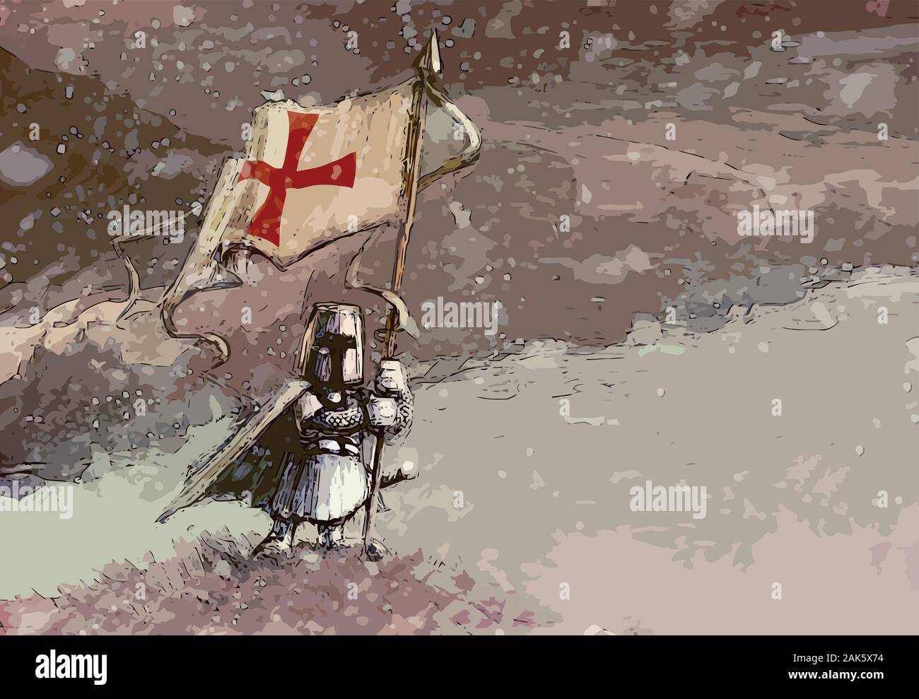 Templar - chevalier blanc debout sur la colline parlementaire et la tenue de bannière avec croix templière, ciel nuageux et il neige - funny cartoon illustration Illustration de Vecteur