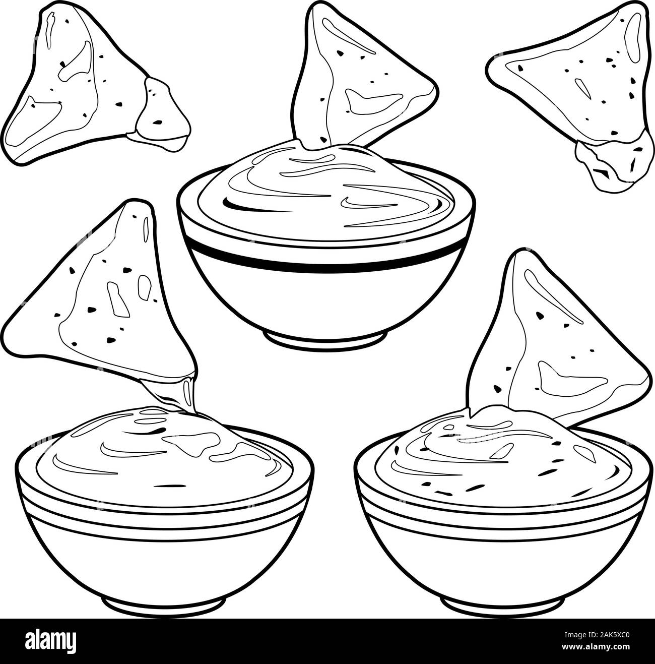 Bols de avocado guacamole trempette, salsa de tomates, sauce au fromage et des nachos chips. En noir et blanc vectoriel page à colorier Illustration de Vecteur