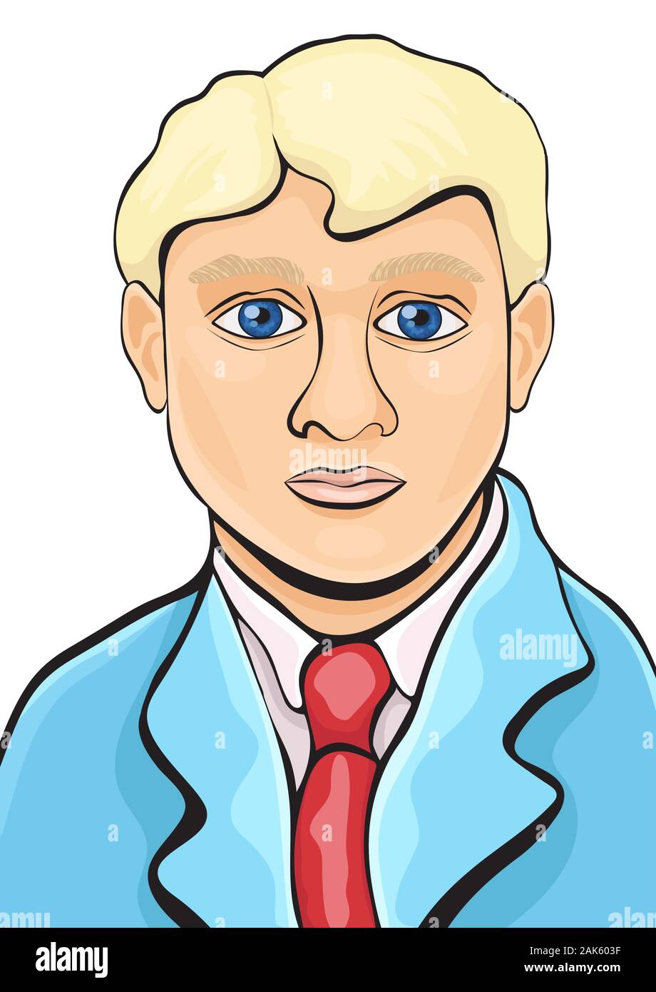 Portrait d'un homme peint à la main, dessin, caricature, photo  d'illustration vectorielle. Jeune homme blond avec de grands yeux bleus  dans un costume, une chemise avec une cravate rouge iso Image Vectorielle