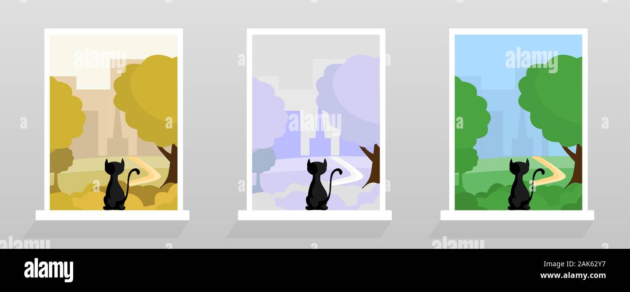 Chat à la fenêtre illustrations vector set. Paysage urbain coloré, automne, hiver et au printemps sur l'arrière-plan. Chaton noir et assis à la fenêtre en ville au paysage vector pack Illustration de Vecteur