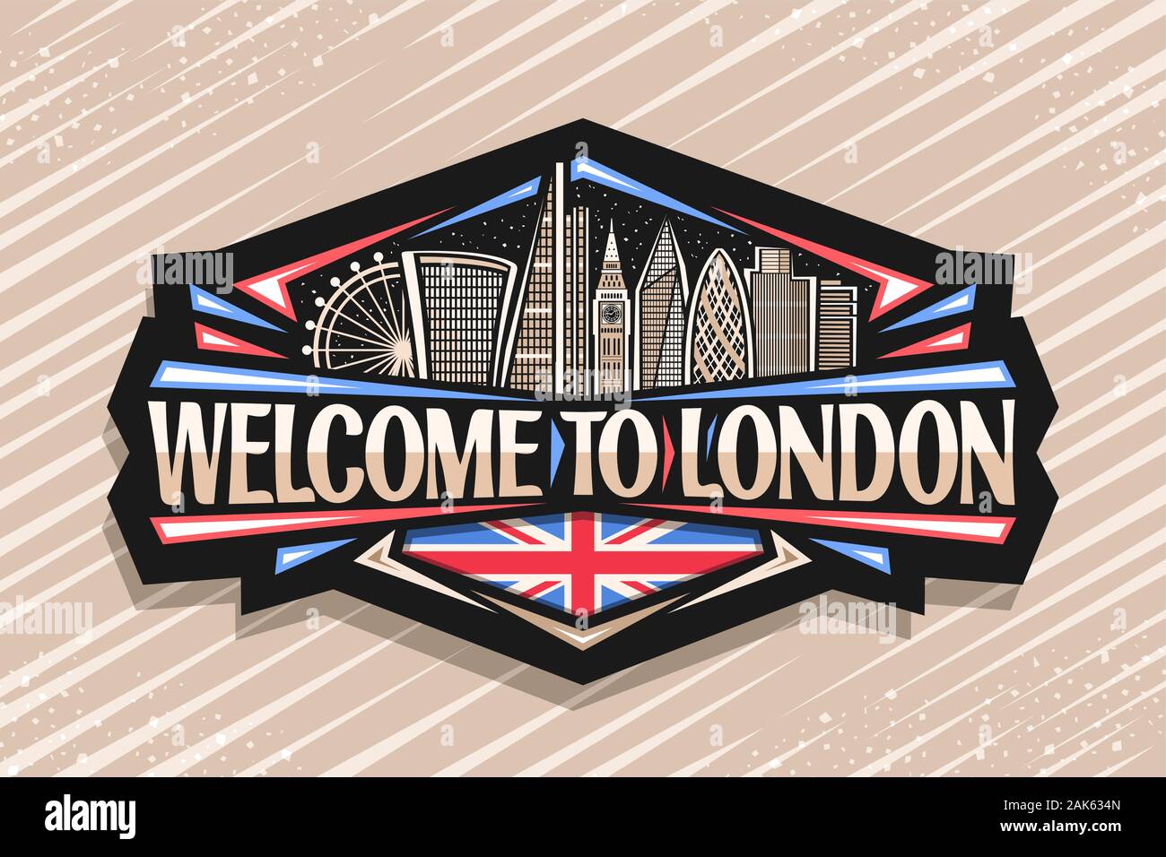 Logo Vector pour Londres, étiquette décorative noire avec l'art de dessiner cartoon office de gratte-ciel dans la capitale de France, d'un insigne avec caractère original Illustration de Vecteur