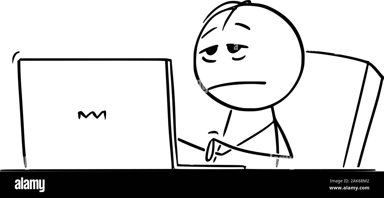 Vector cartoon stick figure dessin illustration conceptuelle de fatiguée, stressée ou surmenés ou homme d'affaires travaillant sur ordinateur. Illustration de Vecteur