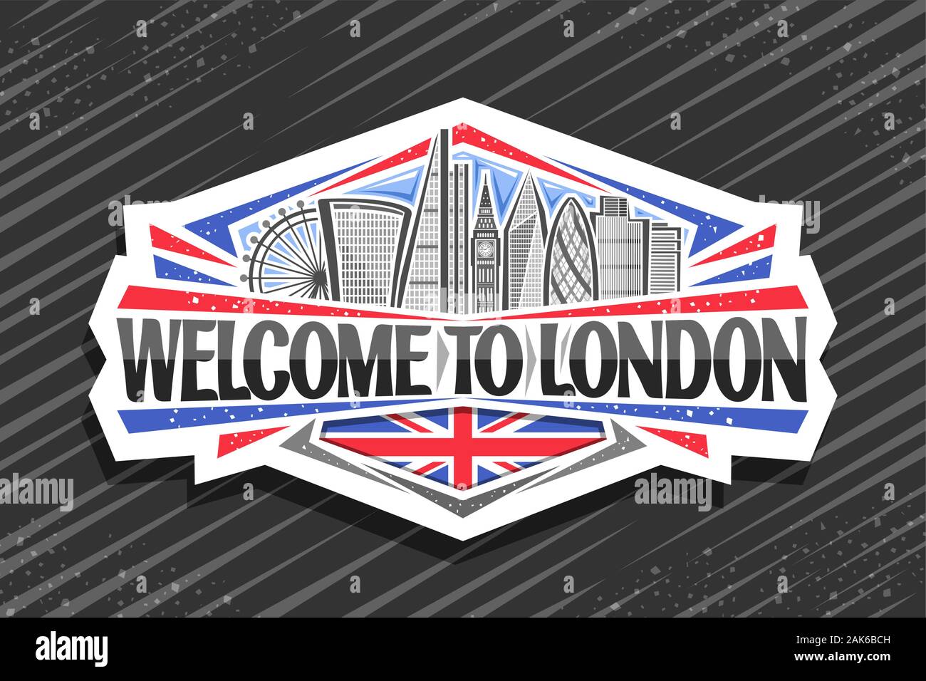 Logo Vector pour Londres, White Sticker décoratif avec l'art de dessiner cartoon office de gratte-ciel dans la capitale de France, d'un insigne avec script original Illustration de Vecteur