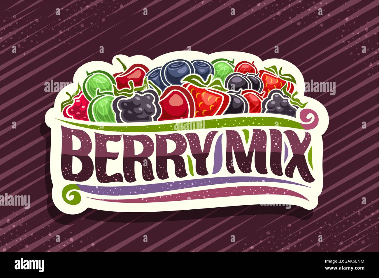 Logo Vector pour Berry Mix, couper le papier décoratif badge avec illustration de heap baies diverses et s'épanouit, design concept avec la brosse d'origine typ Illustration de Vecteur