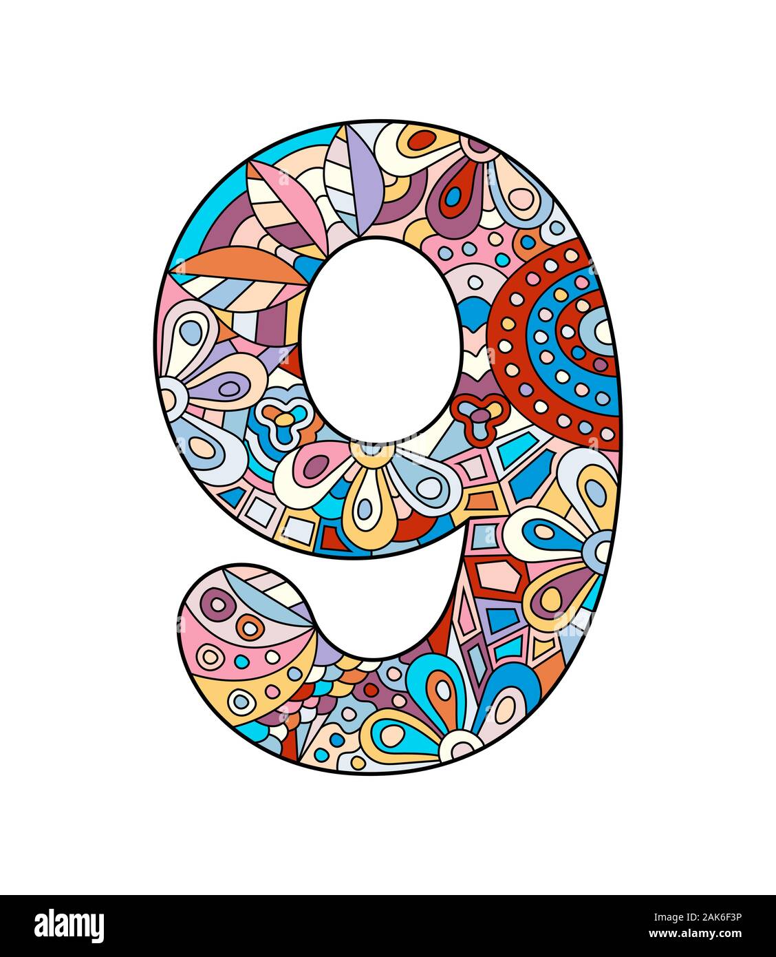 Vector illustration couleur de numéro neuf dans le style d'Zentangle. Rempli de contour couleur isolé sur fond blanc. Illustration de Vecteur