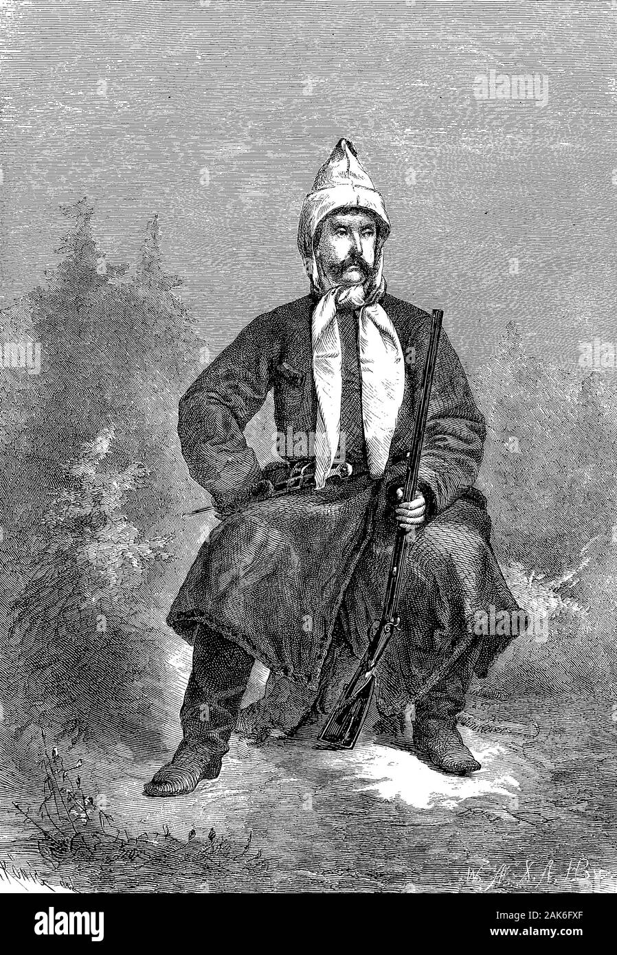 En costume de chasse Prince Suwarow, Alexandre Vassilievitch Souvorov Rymnikski, 1730-1800, un célèbre généralissime russe et est toujours considéré comme l'un des plus grands stratèges de l'époque moderne., gravure sur bois de 1864 Banque D'Images