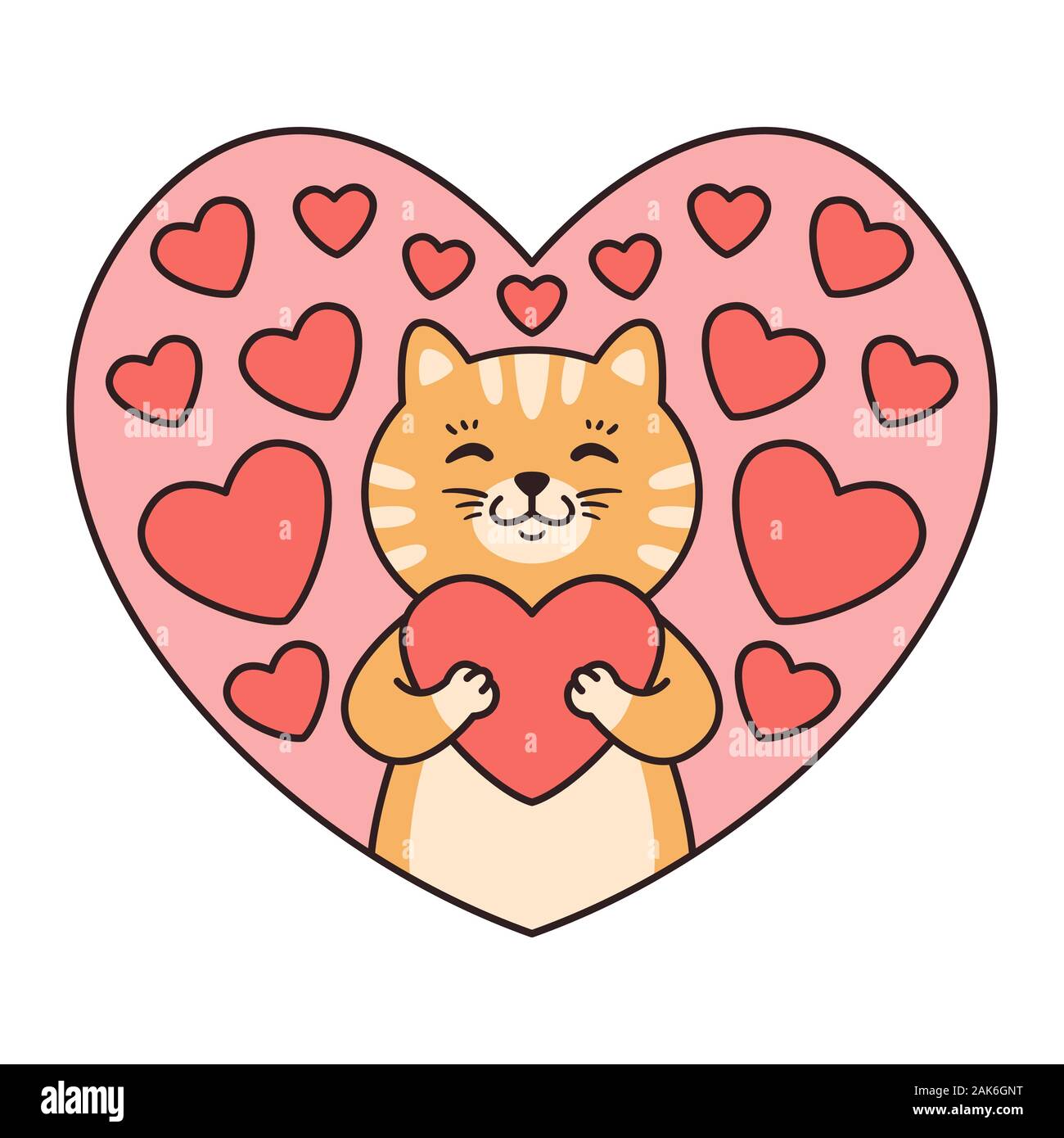 Cat étreignant un coeur. Cartes de vœux pour la Saint Valentin, Anniversaire, fête des Mères. Cartoon animal vecteur de caractères illustration isolé sur fond blanc. Illustration de Vecteur