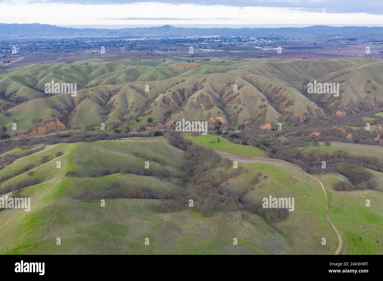 Vu d'une vue à vol d'oiseau, les collines de la Californie du Nord, juste à l'est d'Oakland et de San Francisco, ont tourné au vert après les pluies d'hiver. Banque D'Images