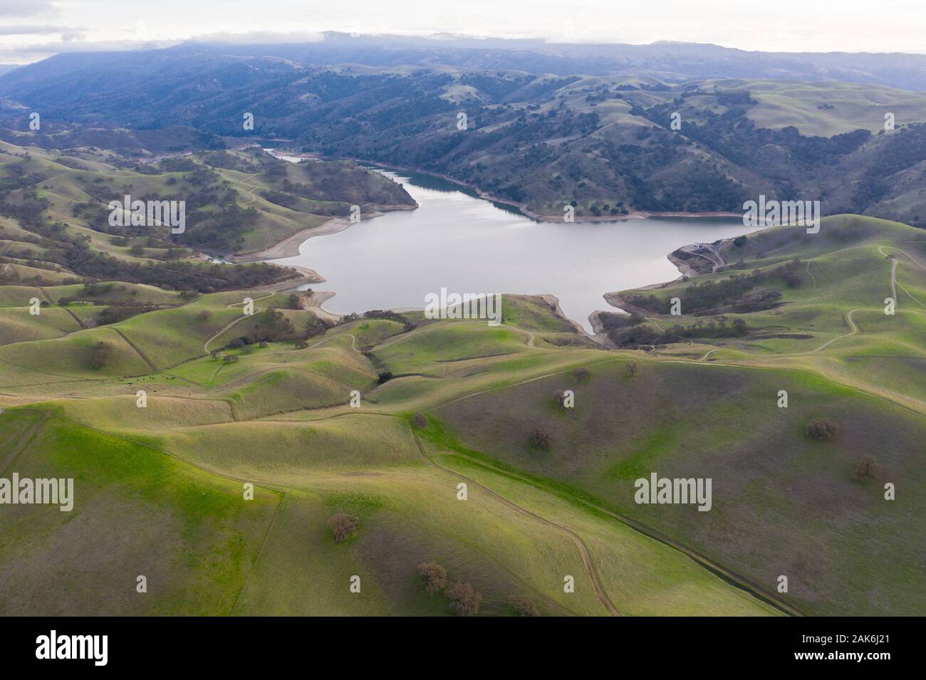 Vu d'une vue à vol d'oiseau, les collines de la Californie du nord, juste à l'est d'Oakland et de San Francisco, ont tourné au vert après les pluies d'hiver. Banque D'Images