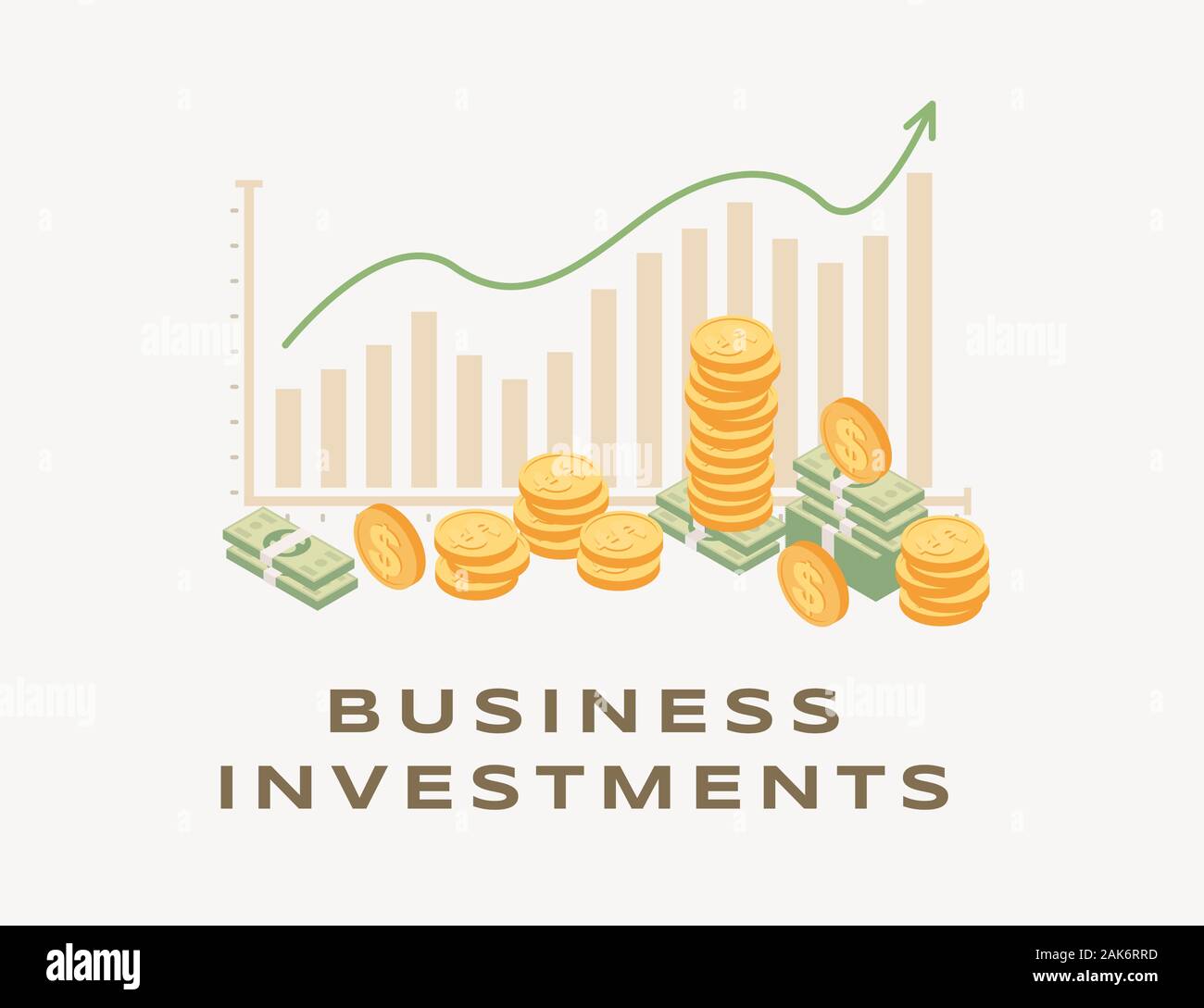 Des investissements des entreprises, hausse du vector illustration graphique. Graphique à barres de flèche et de plus en plus, l'augmentation du revenu, le succès de la stratégie d'entreprise, gagner de l'argent. Concept de Rio et la coopération de l'analyse financière Illustration de Vecteur
