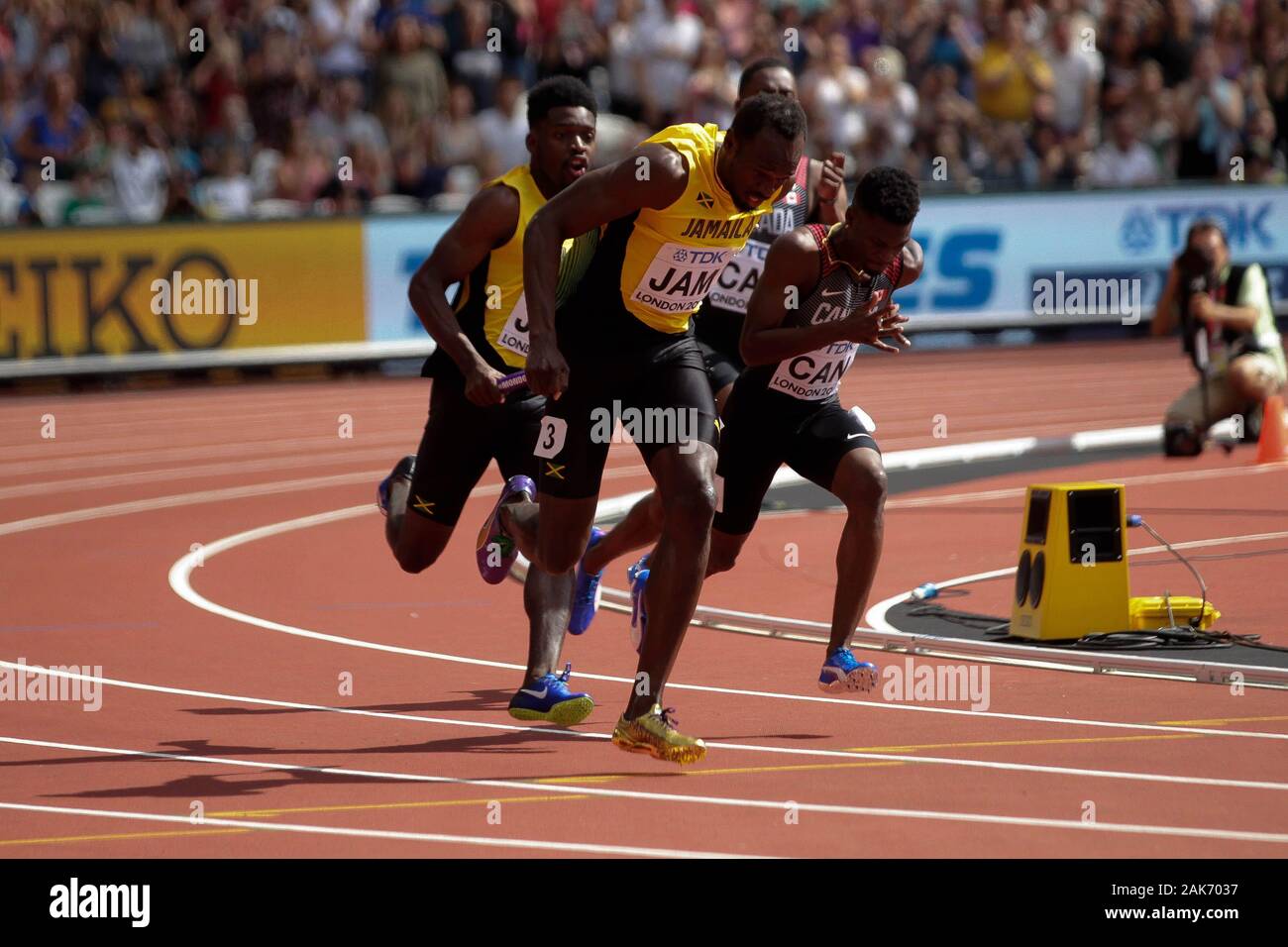 Usain Bolt et Michael Campbell (Jamaique) lors de la 2e chauffe Relais 4x100m hommes à l'IAAF Championnats du monde d'athlétisme le 6 août 201e au stade olympique à Londres, Grande-Bretagne Photo Laurent Lairys / DPPI Banque D'Images