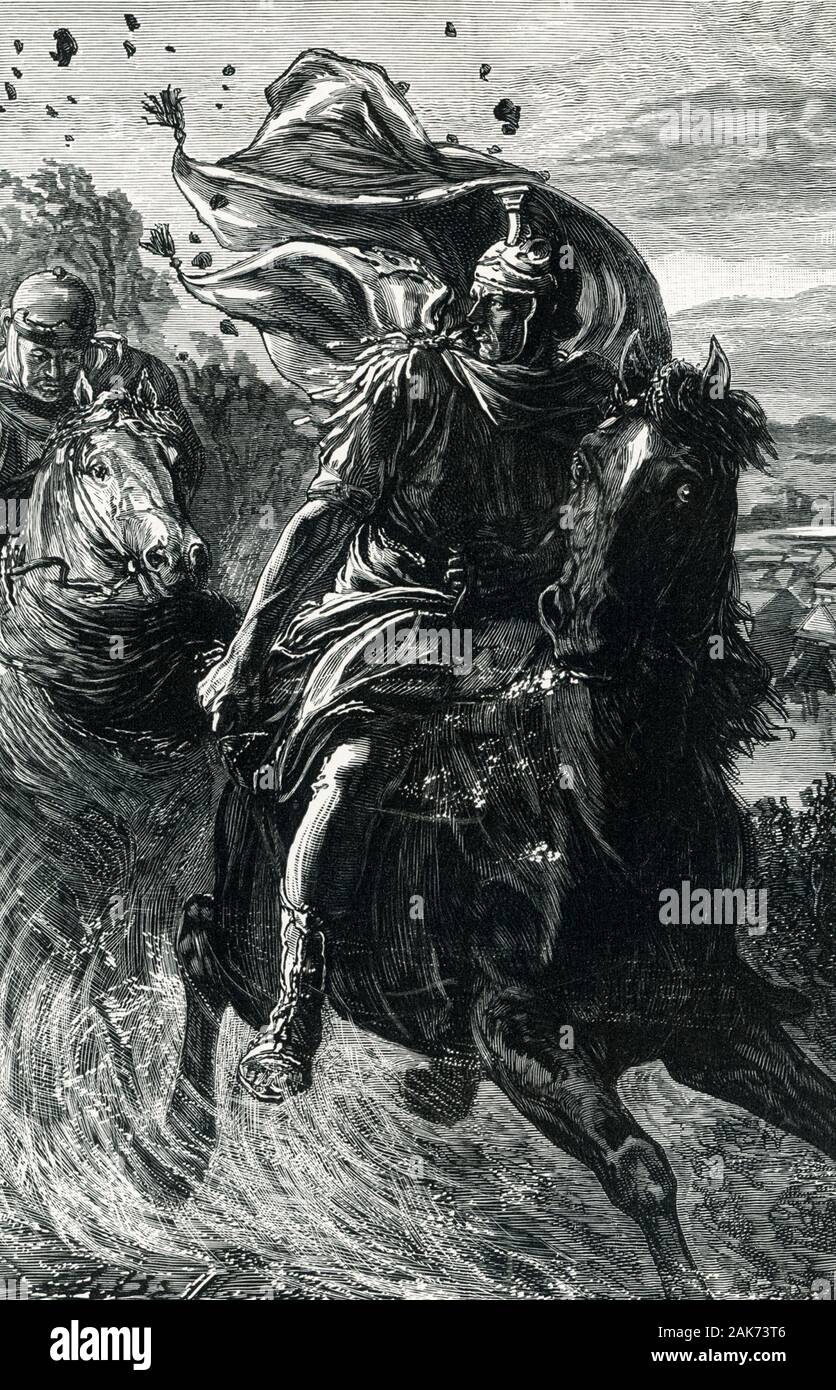 Cette illustration remonte au début des années 1900 et montre le vol de Pompey de Pharsalia. Le 9 août, 48 BC à Pharsalus en Grèce centrale, Gaius Julius Caesar et ses alliés se sont rassemblés en face de l'armée de la République sous le commandement de Gnaeus Pompeius Magnus (aussi connu comme 'Pompée le Grand'). Pompey avait l'appui de la majorité des sénateurs, dont beaucoup ont été optimates, et son armée significativement plus nombreux que les légions césariennes vétéran. César, dans une position beaucoup plus faible de Pompey, se retrouva isolé dans un pays hostile avec seulement 22 000 hommes et à court de provisions. Wan Pompey Banque D'Images
