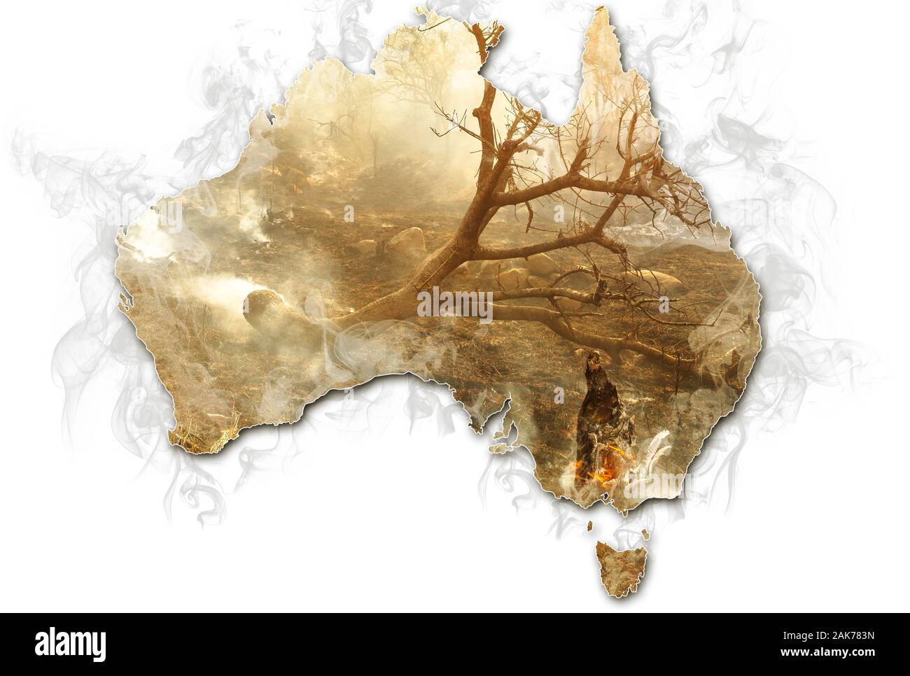 Carte de l'Australie avec des fumeurs de buissons et d'arbres après feu isolé sur fond blanc. Concept de brousse en Australie. Banque D'Images