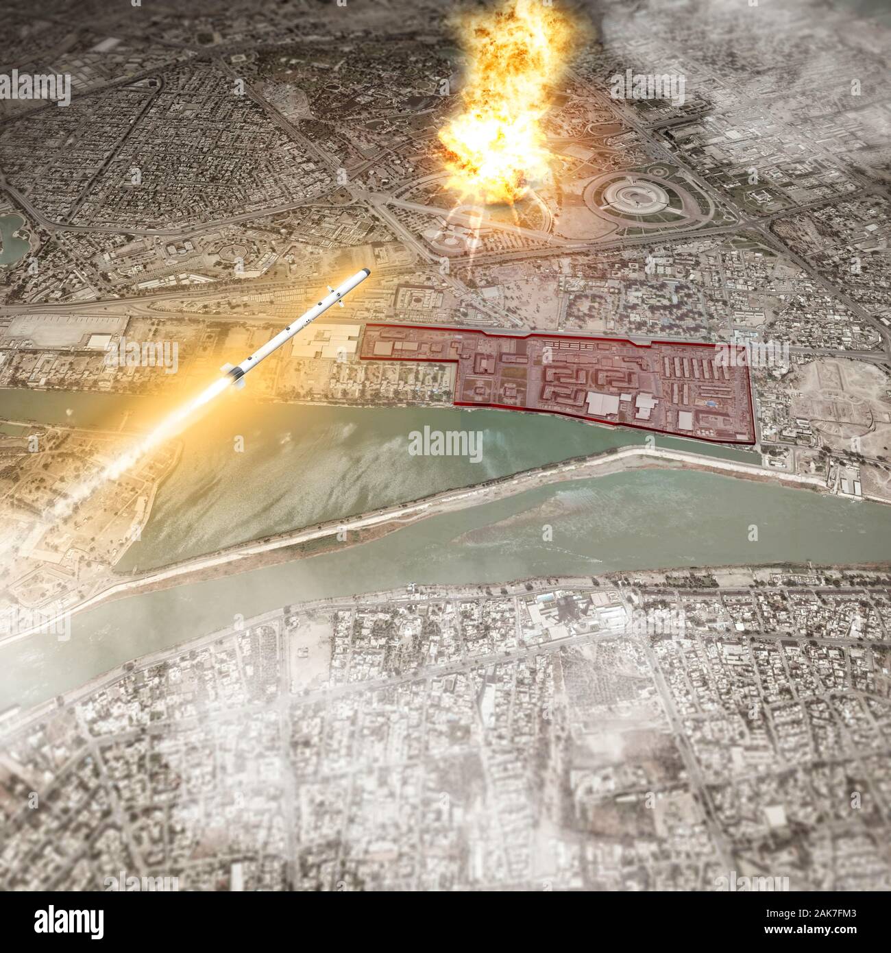 Rocket attack hits près de l'ambassade des Etats-Unis à Bagdad, zone verte. Alarme dans le Moyen-Orient tensions entre l'Iran et les États-Unis. Vue aérienne Banque D'Images