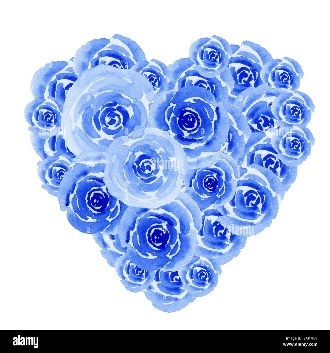 Le symbole du coeur bleu aquarelle de fleurs de roses isolé sur fond blanc. Carte de Saint-Valentin. Banque D'Images