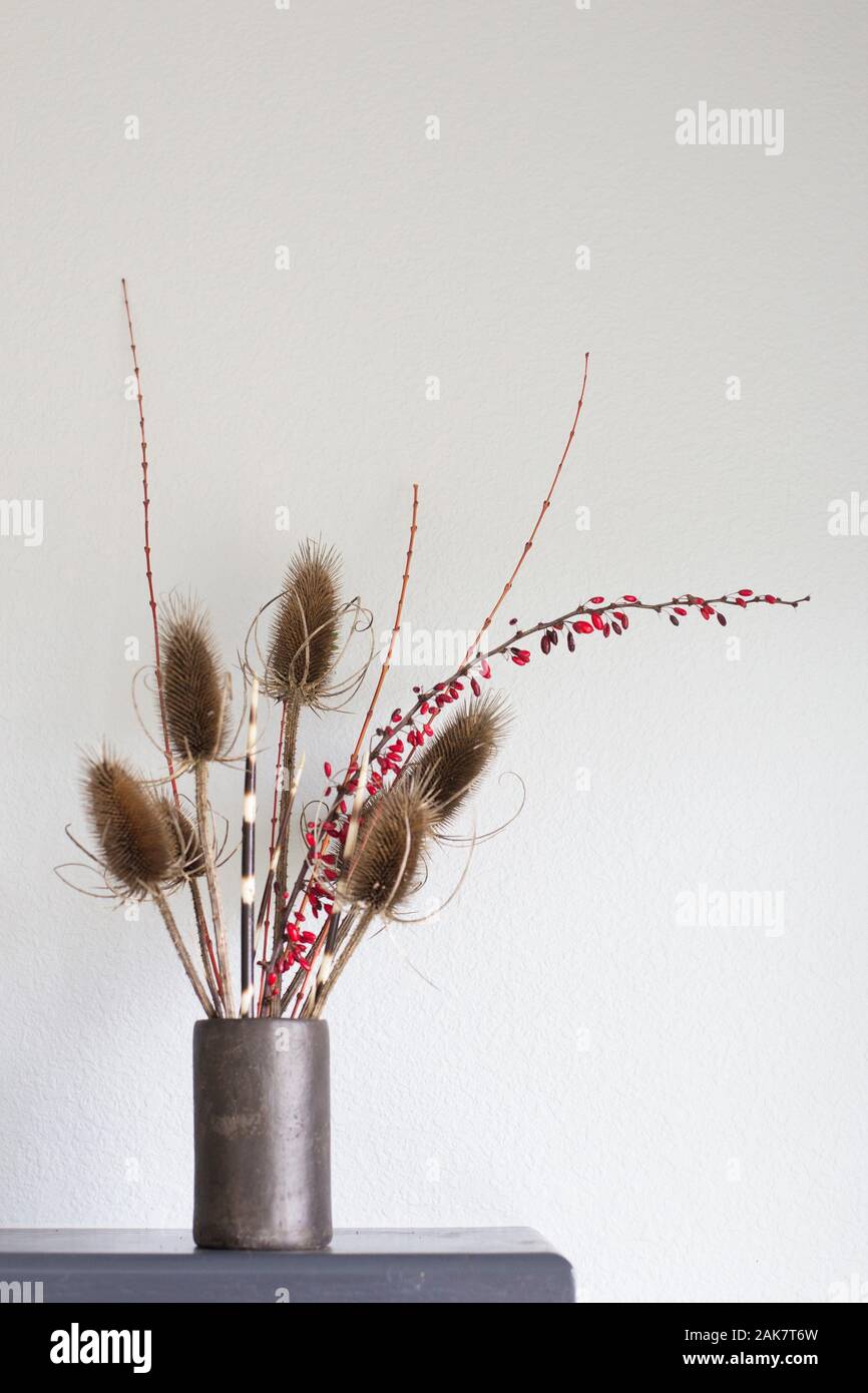 Un arrangement de fleurs de chardon cardère pommelé, branches de saule, l'épine-vinette, et de porc-épic. Banque D'Images