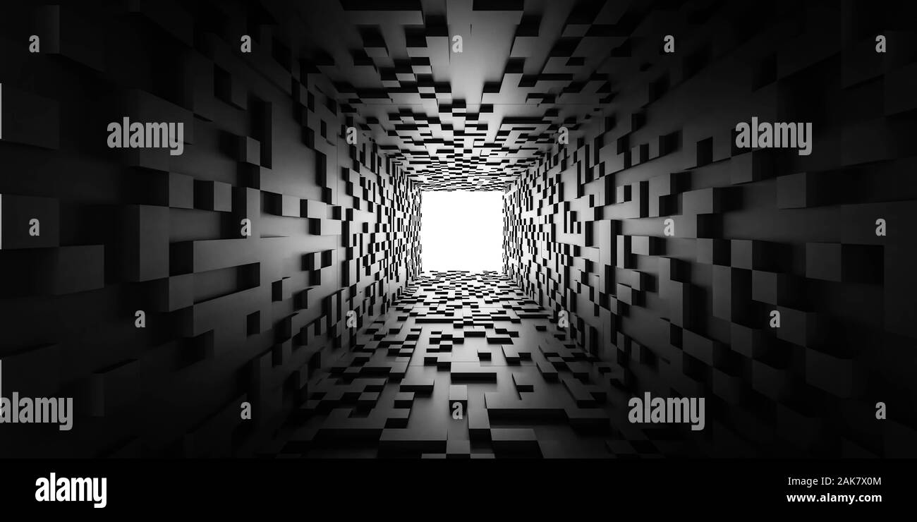 Résumé de la lumière au bout du tunnel sombre tunnel futuriste concept cubes 3d illustration Banque D'Images