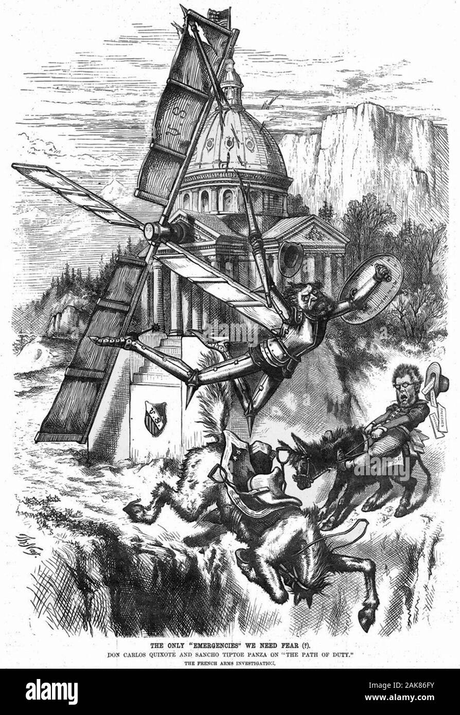 Le sénateur américain Carl Schurz plonge dans un abîme après l'échec d'une joute avec un moulin à vent. Le sénateur Thomas W. Tipton, assis sur un âne, montres à partir du bord de l'abîme en bouche bée d'émerveillement. Caricature politique 6 Avril, 1872 Banque D'Images