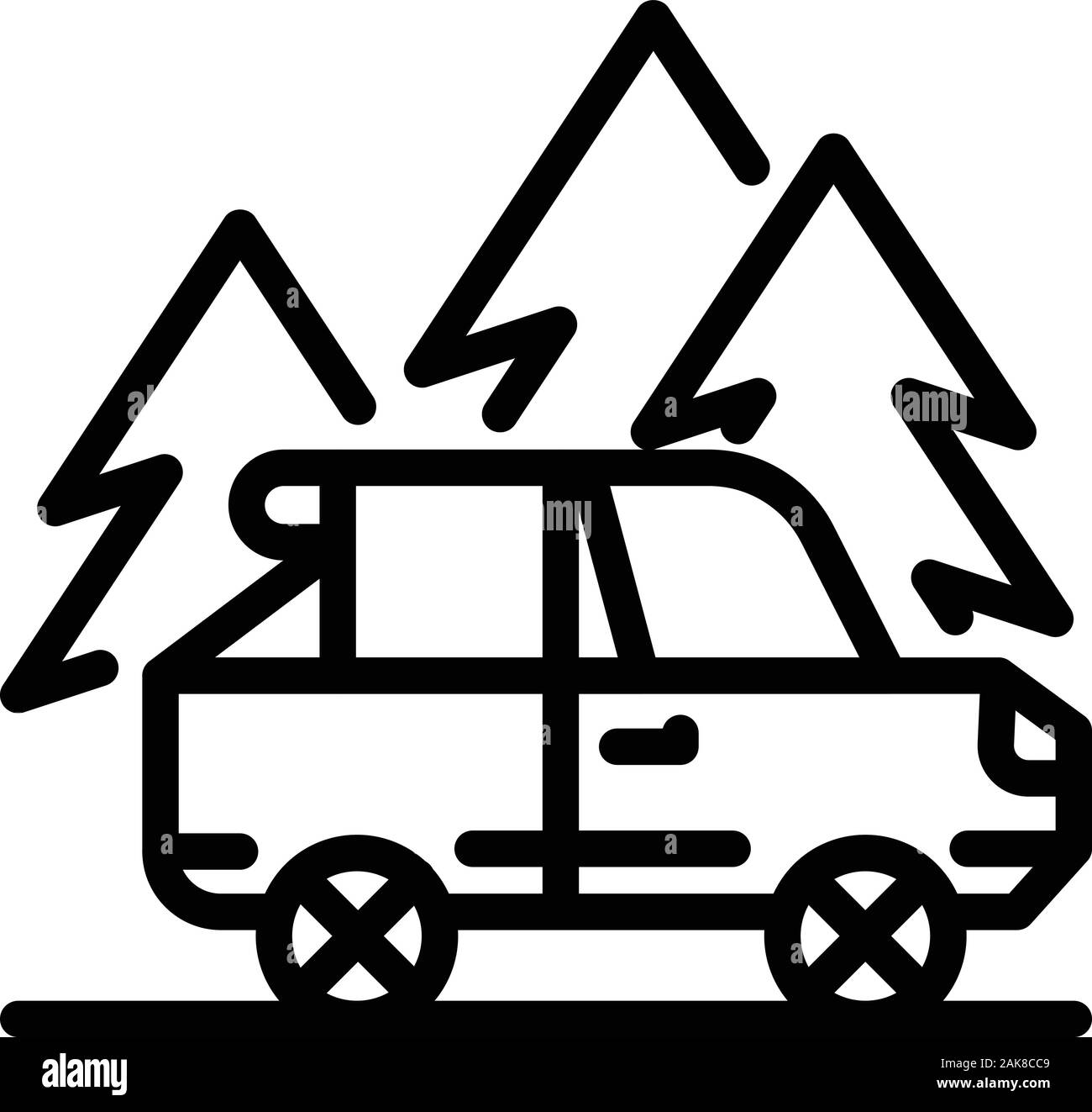 Icône de voyage en voiture de montagne forêt style du contour, Illustration de Vecteur