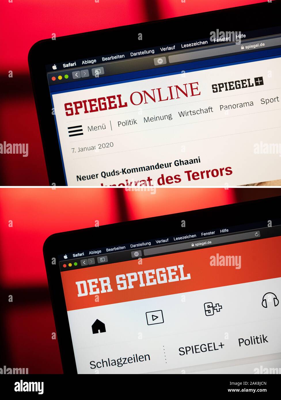 Hambourg, Allemagne. 05Th Jan, 2020. KOMBO - La présence en ligne de l'actualité magazine "Der Spiegel" peut être vu sur un ordinateur portable avant (ci-dessus) et après (ci-dessous) à l'euro. Le magazine "Der Spiegel" seront à l'avenir avoir un site identique. En ligne 'Spiegel' est maintenant appelé 'Der Spiegel' à la suite du renouvellement du site web. Crédit : Daniel Reinhardt/dpa/Alamy Live News Banque D'Images