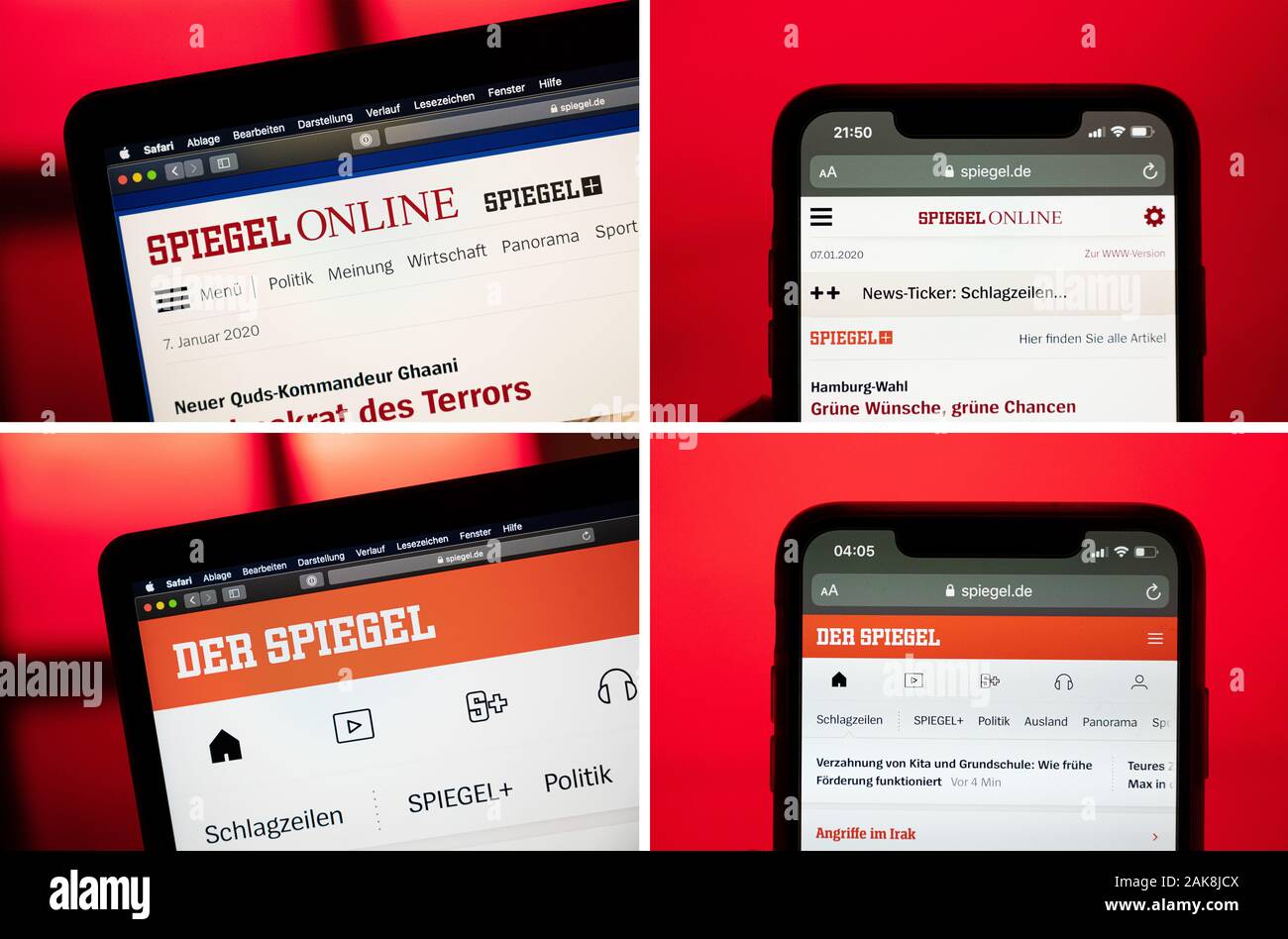 Hambourg, Allemagne. 05Th Jan, 2020. KOMBO - La présence en ligne de la revue 'Der Spiegel' avant (ci-dessus) et après (ci-dessous) le passage sur un ordinateur portable et un smartphone. Après environ 25 ans, le nom et le logo 'Spiegel' en ligne disparaîtra. Le site web est maintenant appelé 'Der Spiegel', tout comme le magazine des nouvelles. Crédit : Daniel Reinhardt/dpa/Alamy Live News Banque D'Images