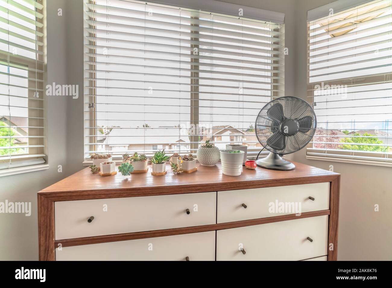 Accueil intérieur avec des cactus en pot et ventilateur électrique sur l'armoire contre fenêtre en baie Banque D'Images