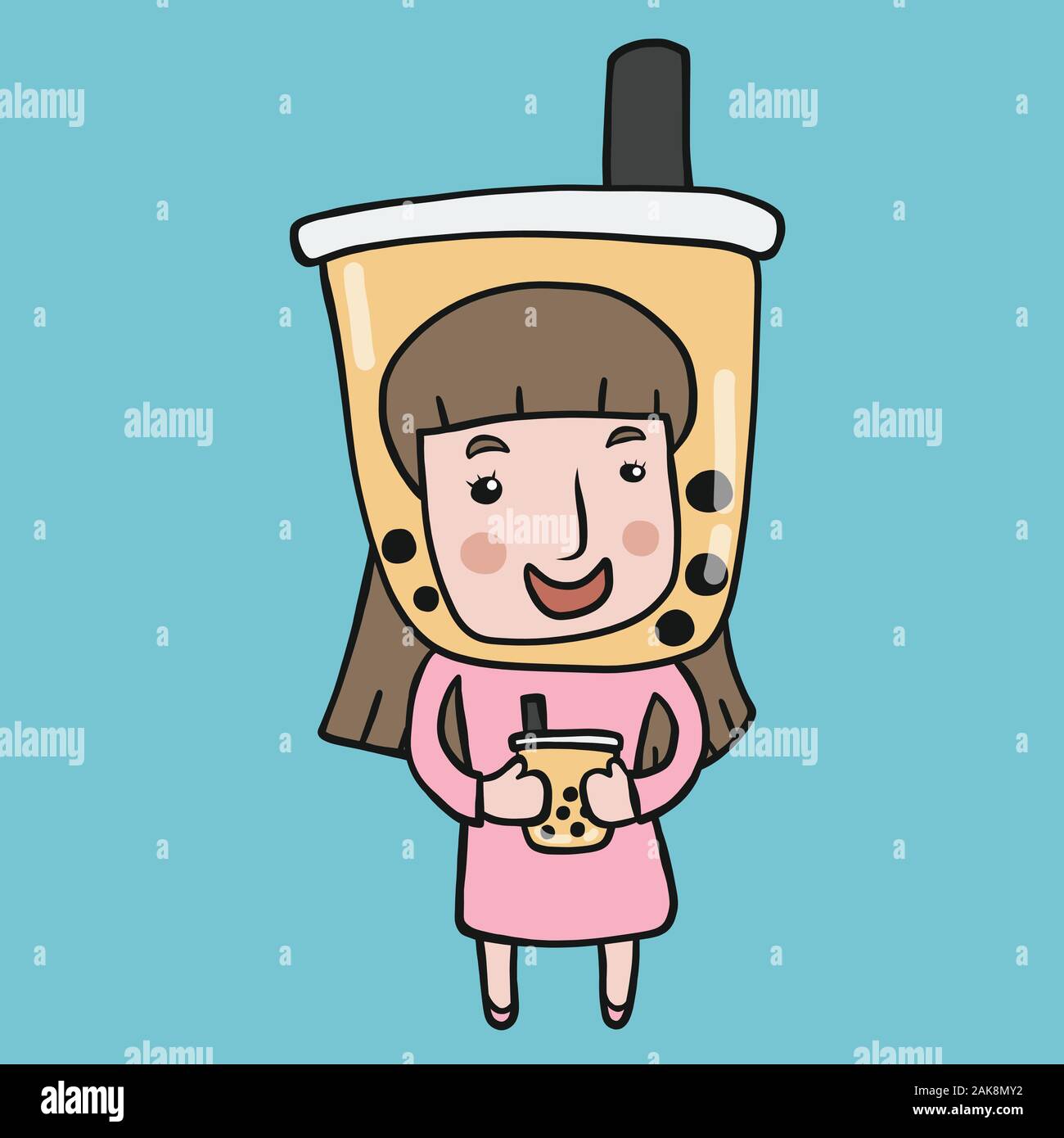 Bubble tea woman with big bubble tea cup le chef cartoon vector illustration Illustration de Vecteur
