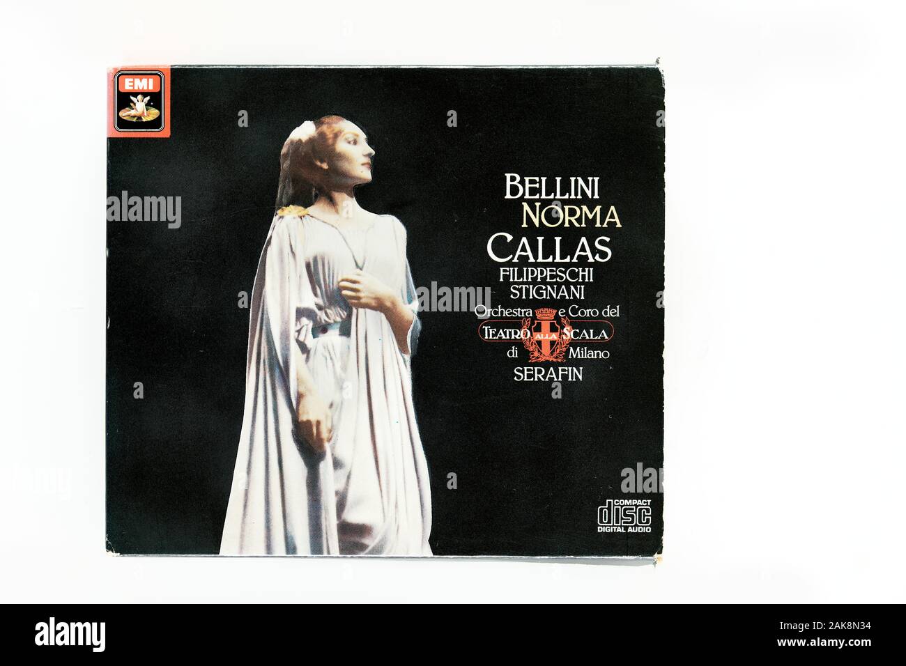Couverture de l'enregistrement historique de musique sur cd de Callas avec Norma dans l'opéra composé de Bellini, réalisé par Serafin à la Scala de Milan en 1954. Banque D'Images