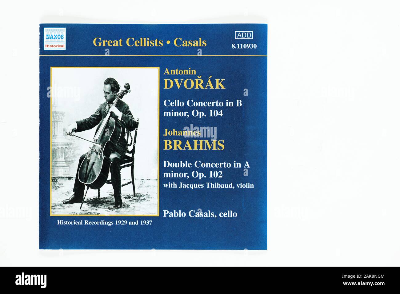 Couverture de la musique sur cd de l'enregistrement historique de Dvorak concerto pour violoncelle et le double concerto de Brahms joué par le violoncelliste Casals en 1929 et 1937. Banque D'Images