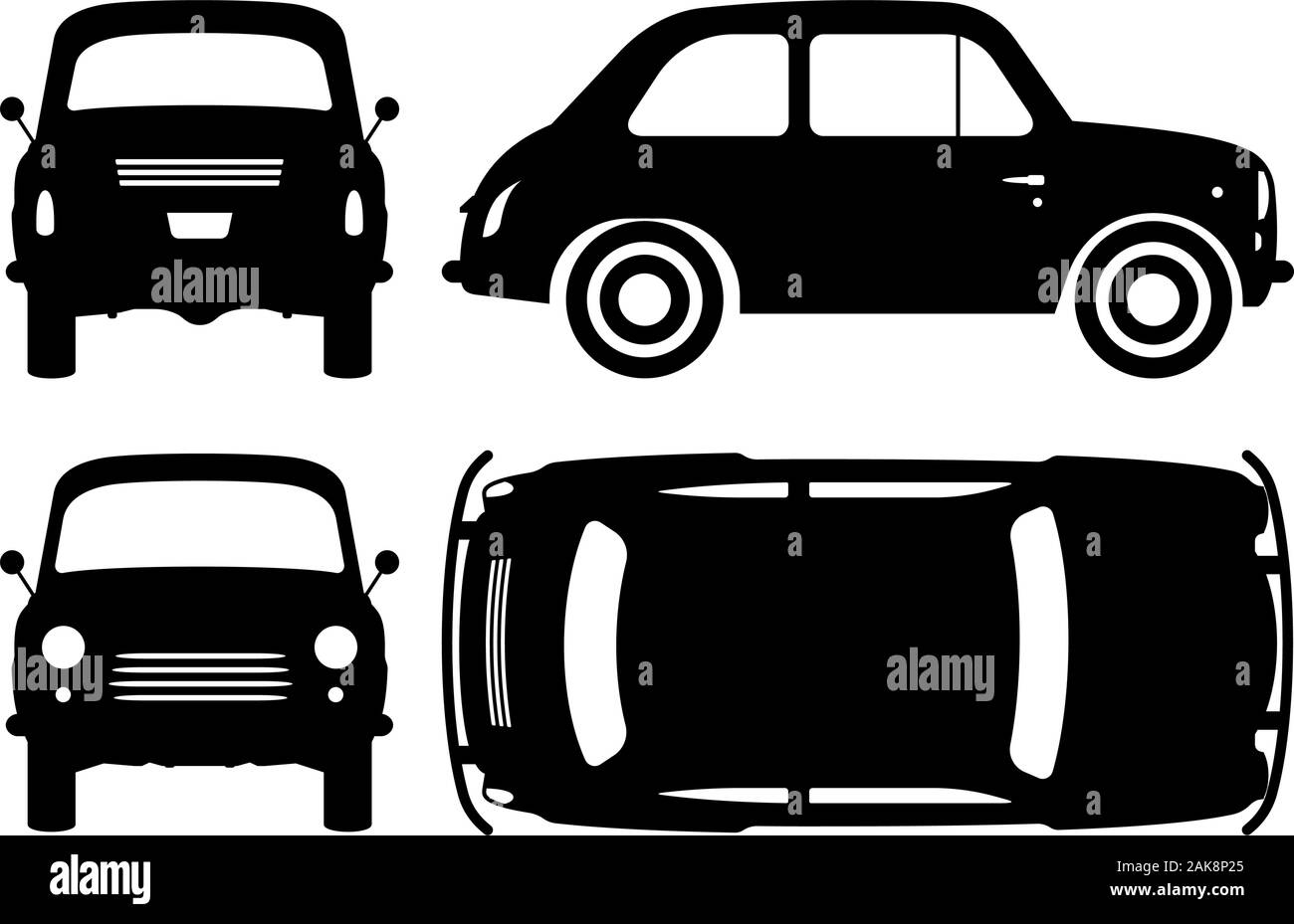 Vintage Car silhouette sur fond blanc. Icônes de véhicule set voir d'un côté, avant, arrière, et top Illustration de Vecteur