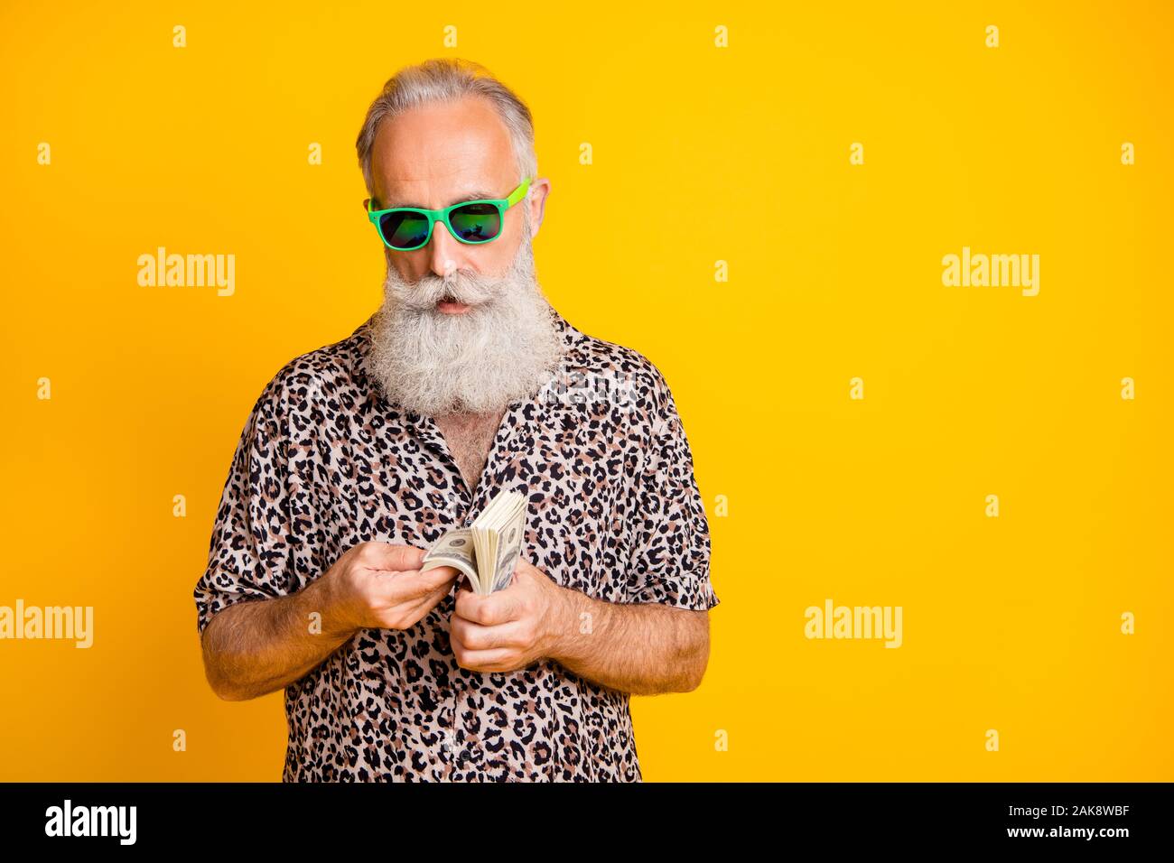 Portrait de funky moderne de ces vieux barbu à lunettes lunettes élégant vrai travailleur sur resort crédit calcul de l'argent-porter chemise léopard Banque D'Images
