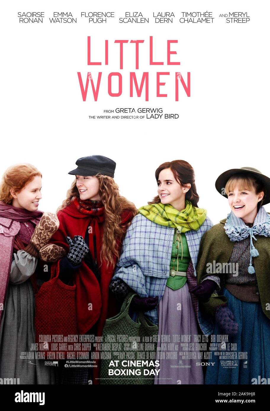 Peu de femmes (2019) réalisé par Greta Gerwig et avec Saoirse Ronan, Emma Watson, Florence Pugh et Eliza Scanlen. Dernier grand écran l'adaptation de Louisa May Alcott est beaucoup aimé venant de l'âge roman sur 4 soeurs et leur mère. Banque D'Images