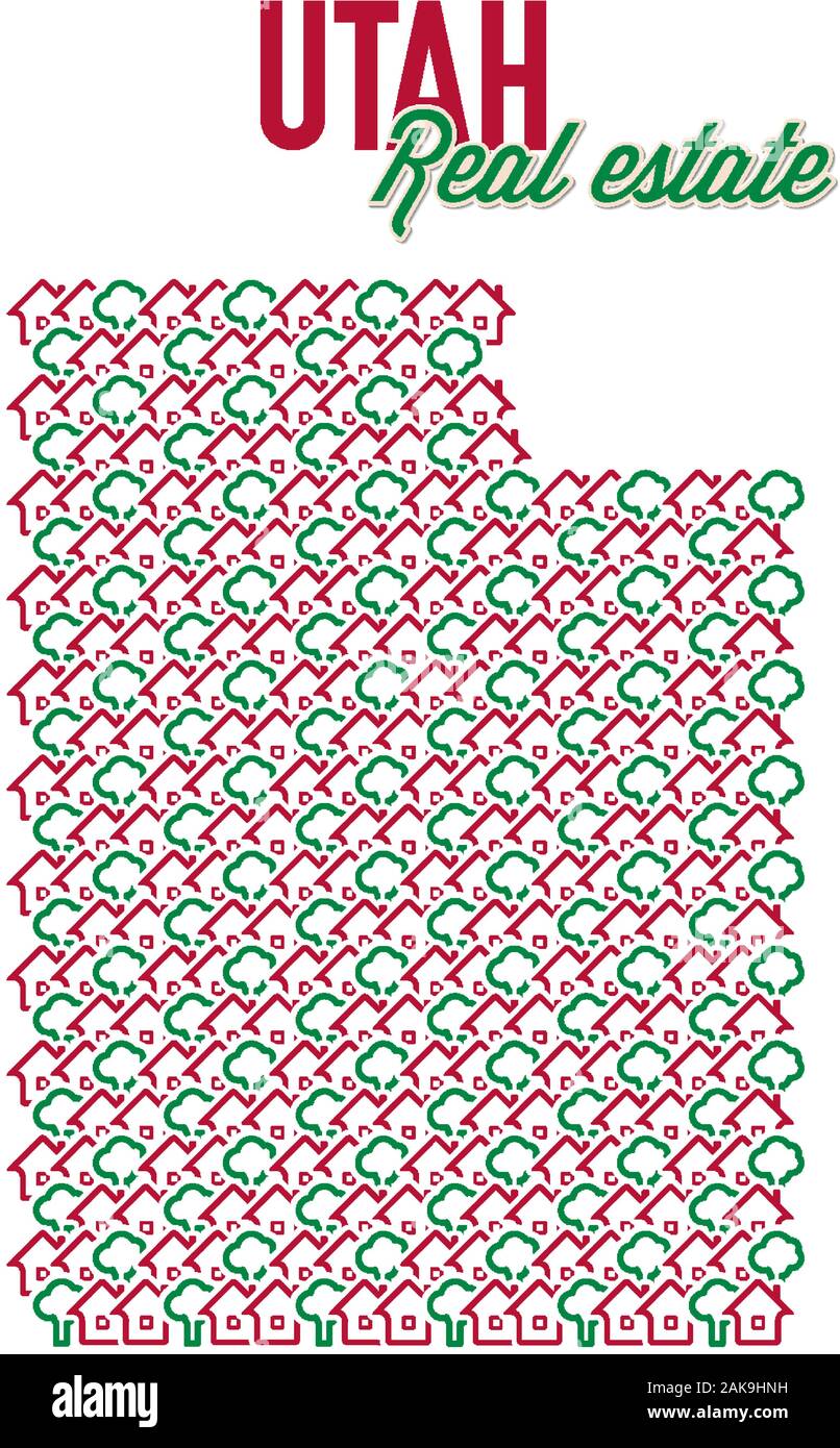 Immobilier site de l'Utah. La conception du texte. Nous l'Utah State immo concept créatif. Icônes de maisons avec jardin dans la forme d'une carte de l'Utah. Vecto Illustration de Vecteur